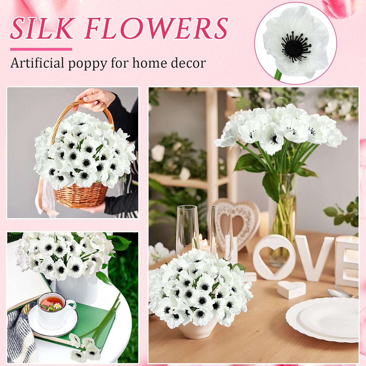 42 Pcs Artificial Poppy Flowers Bulk Pu Silk Poppy Flowers 11 Inch Anemone Stems Artificial Floral Table Centerpiece Decor For Halloween Wedding Home Party Veterans Supplies(White)