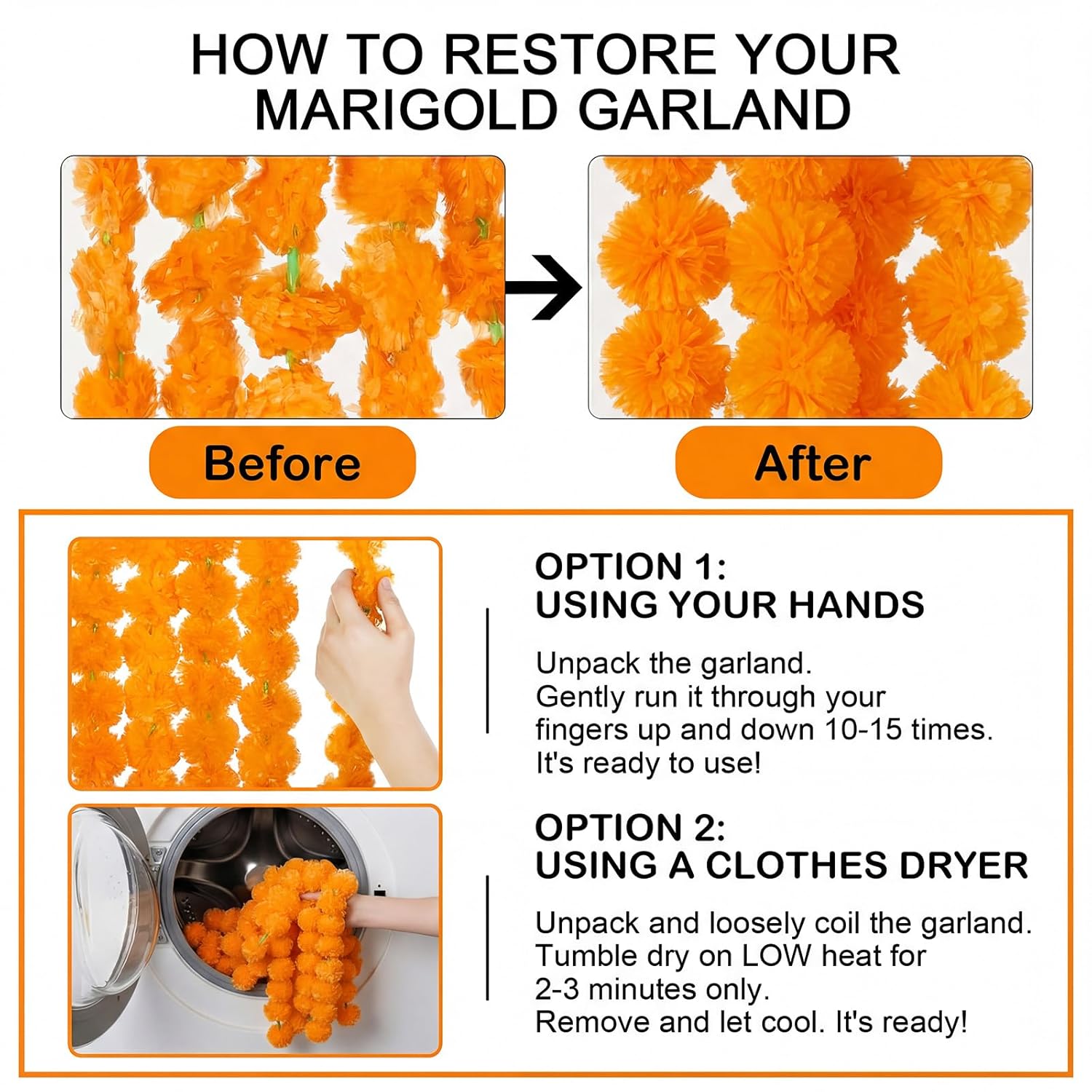 15 Pack Marigold Garland For Decoration 5 Ft Long Strands Faux Artificial Marigold Flowers For Dia De Los Muertos Diwali Indian Wedding Party Decorations(Light Orange)