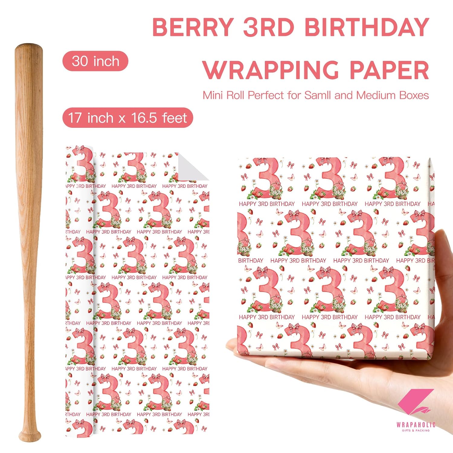 Berry 3Rd Birthday Wrapping Paper Roll - Mini Roll - 17 Inch X 16.5 Feet - Happy 3Rd Birthday Pink Bow And Strawberry Wrapping Paper For Girls Kids, Baby Shower