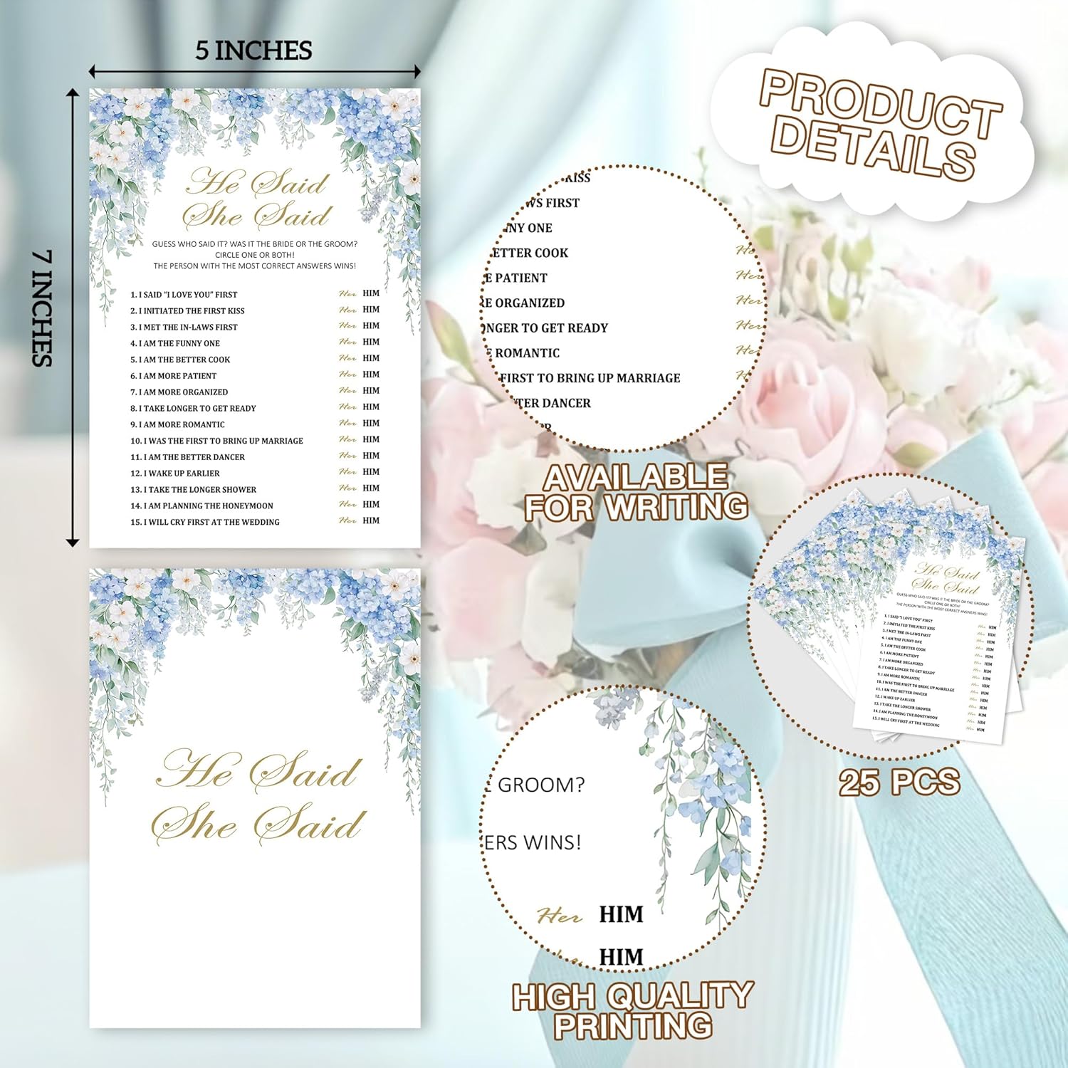 Bridal Shower Games, Blue Hydrangea Wildflowers Wedding Party Decorations Supplies, He Said She Said Game Cards For Spring Bachelorette Engagement Wedding Party, Minimalist, 11