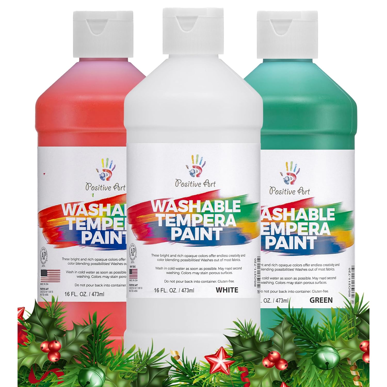 Washable Paint For Kids, Holiday Colors (Red, Green, White - 16 Oz Each) Washable Tempera Paint, Paint For Schools, Classroom Paint, Non-Toxic Kids Paint Set Finger Paint - Christmas Gift - 3 Pack