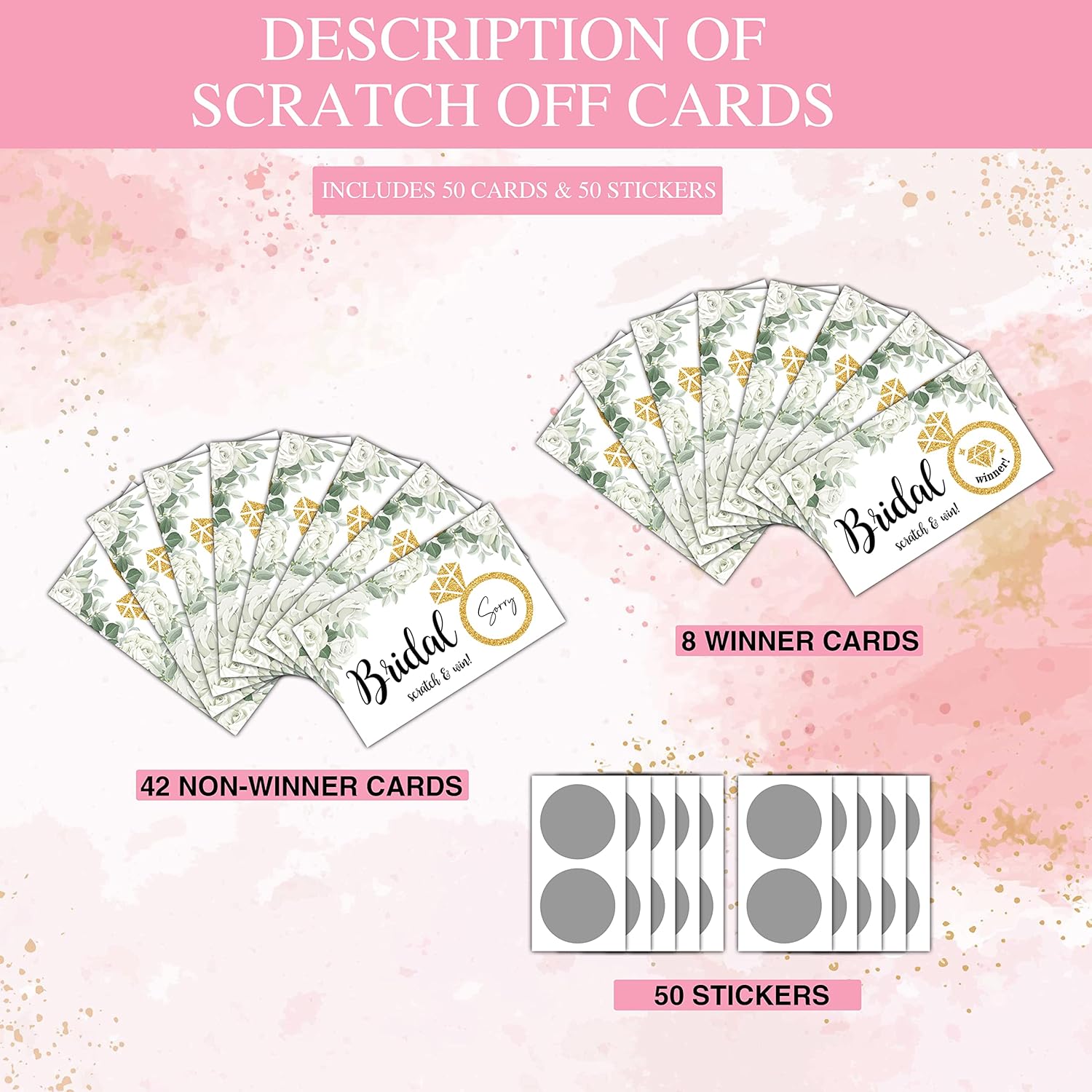 Bridal Shower Scratch Off Game Cards - Glitter Diamond Ring - Greenery Floral Wedding Shower Ideas - Bride Shower Party Activities & Supplies - Bachelorette/ Engagement Party Decorations - 50 Pack(04)
