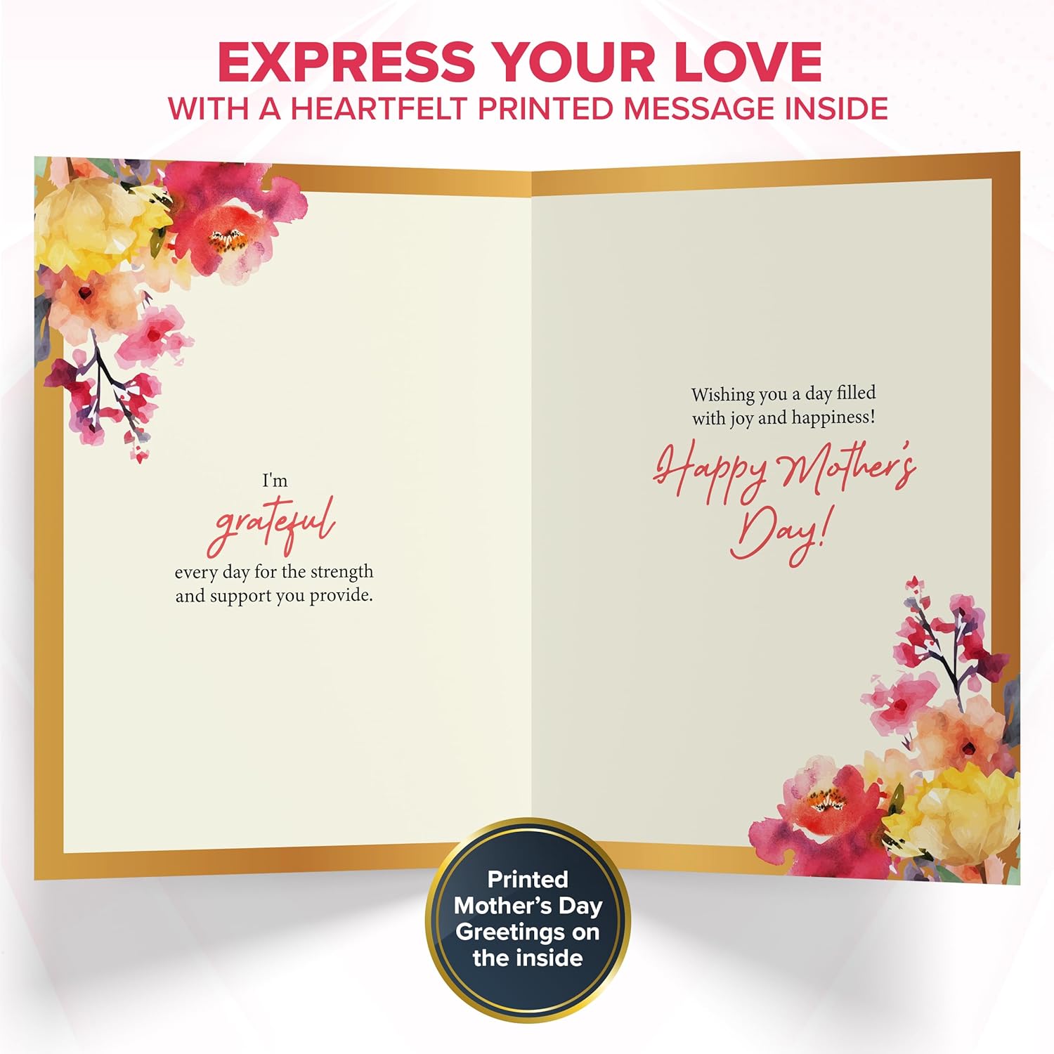 Gold Foiled And Textured 5X8In Individual Happy Mothers Day Card Set With Ribbon And Floral Designs, Happy Mother'S Day Card With Envelope And Stickers, With Printed Message Inside