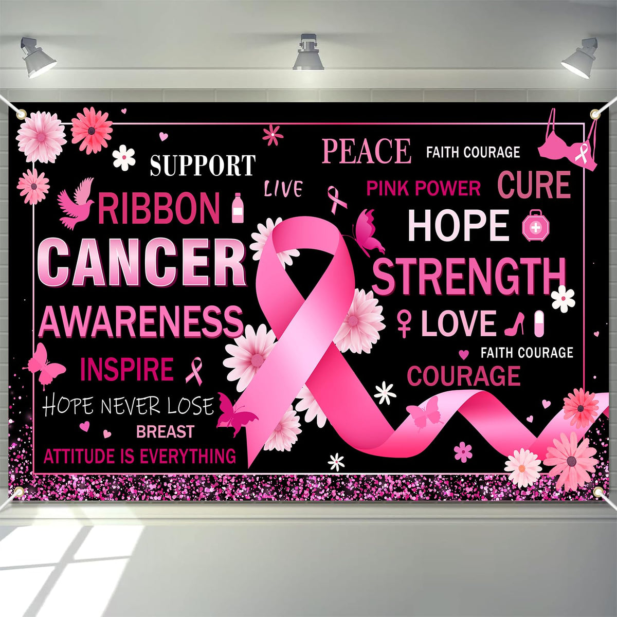 Breast Cancer Awareness Month Backdrop Banner, 72" x 43" Pink Ribbon Decor