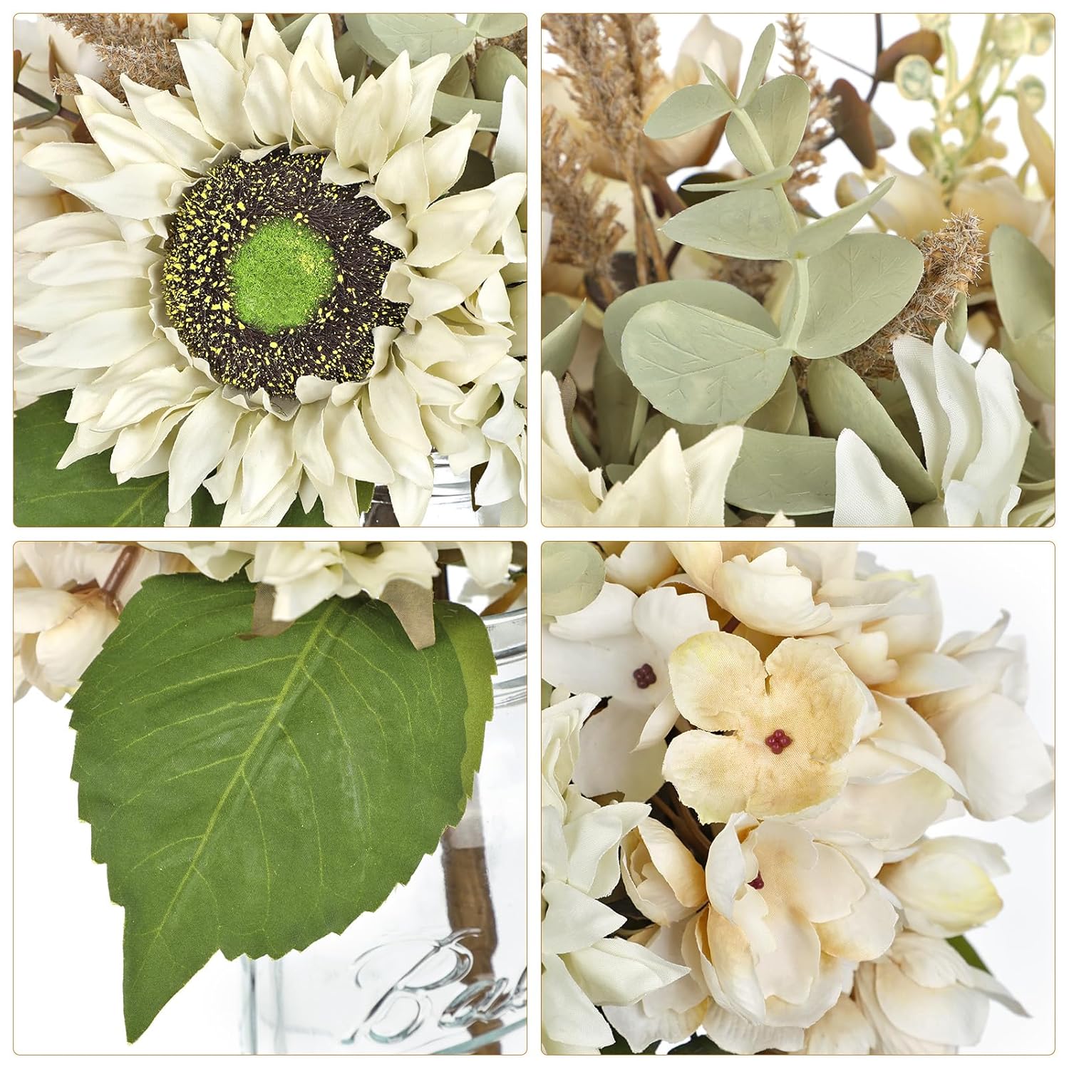 Silk Sunflowers Artificial Flowers With Mason Jar Centerpiece For Table White Fall Flowers In Vase Small Fall Floral Arrangement With Vase Thanksgiving Centerpiece For Dining Room Table Autumn Decor