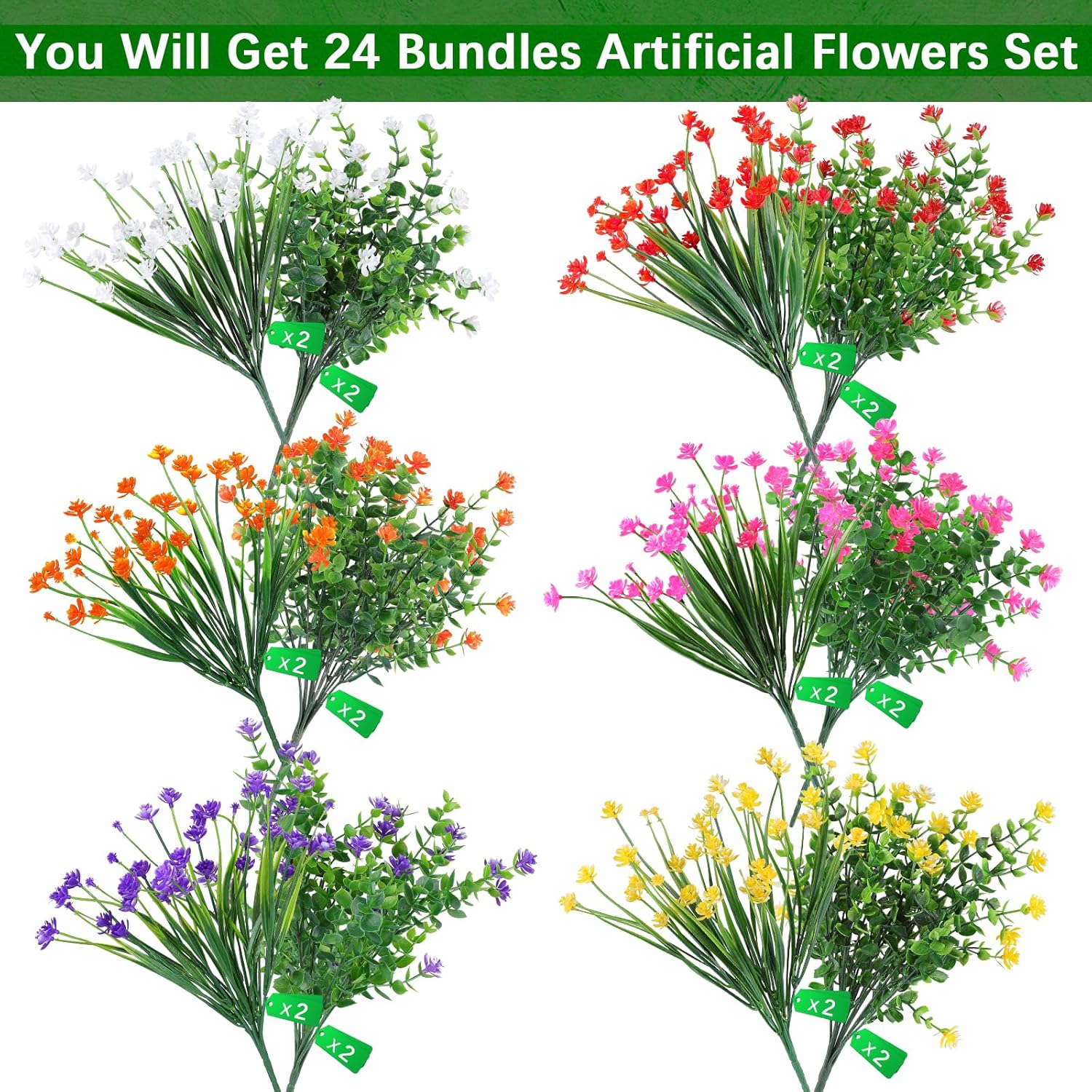 24 Bundles Artificial Flowers Outdoor,No Fade Fake Plastic Flowers Faux Plants For Decoration Hanging Planters Indoor Outside Garden Porch Window Box Home Farmhouse Wedding