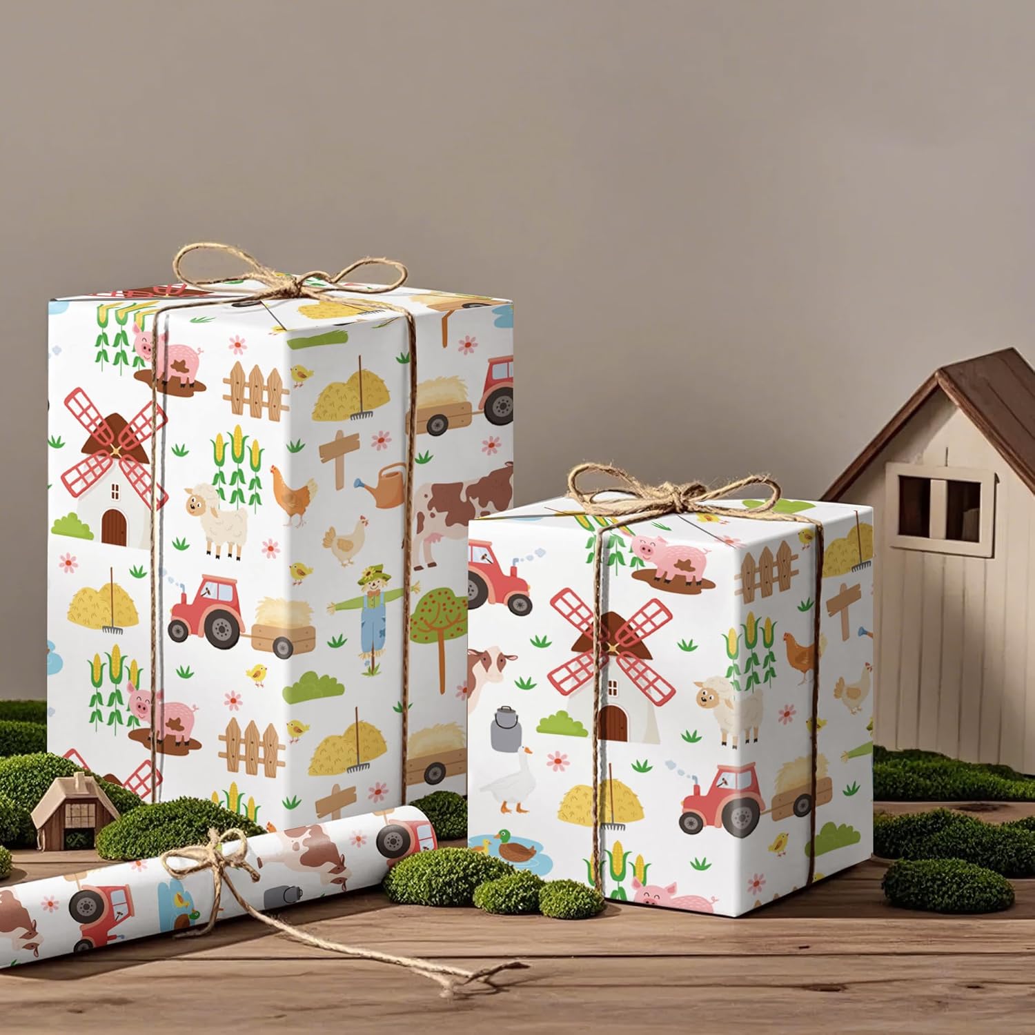 Farmhouse Wrapping Paper Roll - Mini Roll - 17 Inch X 16.5 Feet - Farm Animal Wrapping Paper For Birthday, Baby Shower, Country Present Wrapping