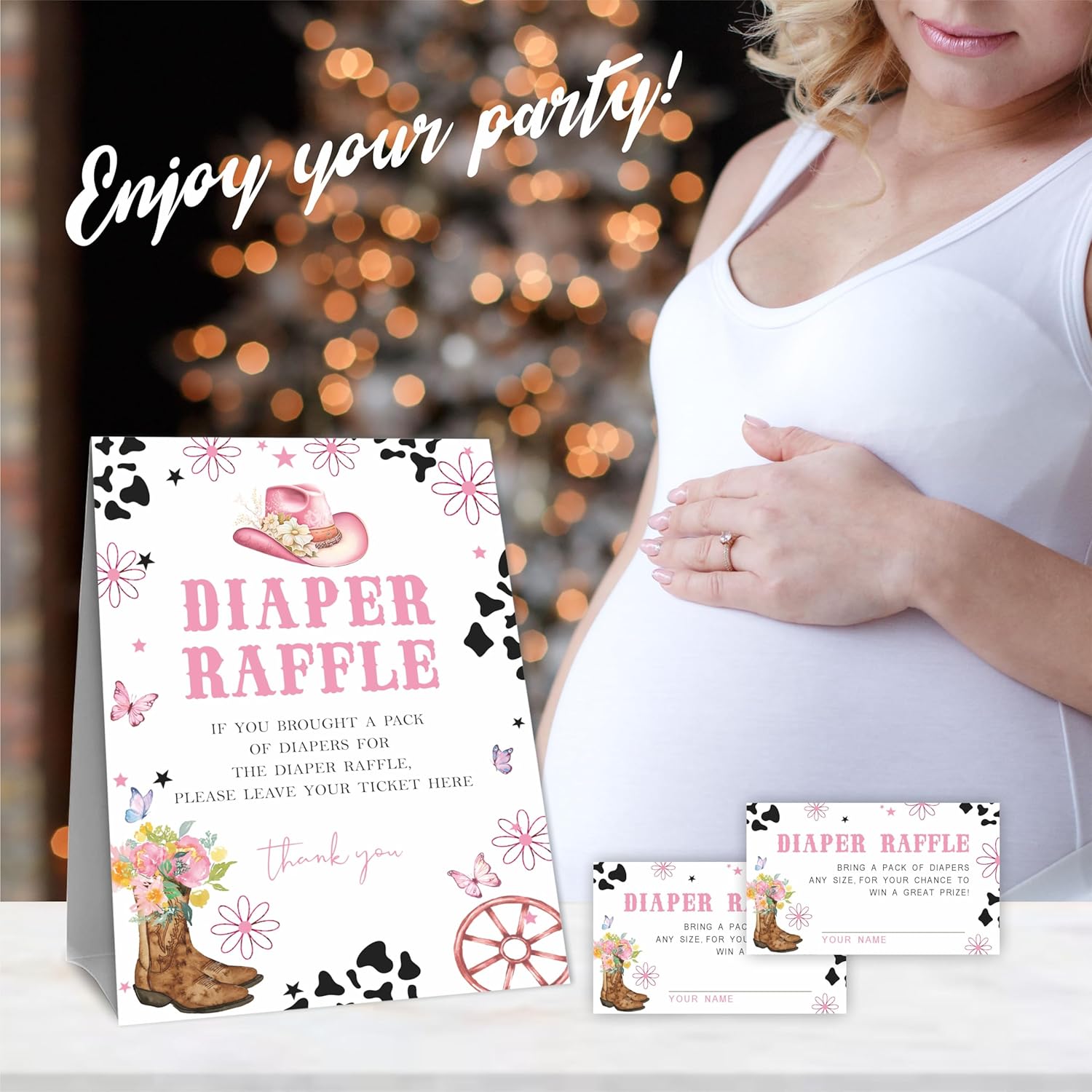 Baby Shower Diaper Raffle Game Kit, Western Cow Girl Theme, 50 Tickets & 1 Standing Sign, Decoration For Shower, Gender Reveal, Baby Announcement, Party Favor & Decorations - B09, Medium