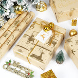 Christmas Wrapping Paper Roll, 3 Rolls Xmas Kraft Wrapping Paper, Brown Gold Foil “Merry Christmas” Leaves Snowflake Reindeer Design Gift Wrapping Paper For Christmas, New Year, Spring Festival, Holiday Party - 17 Inch X 120 Inch Each Roll