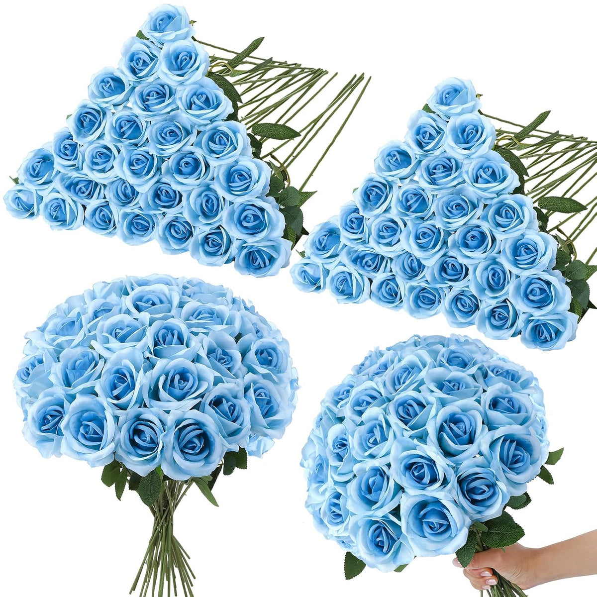 80 Pcs Roses Artificial Flowers, Silk Light Sky Blue Artificial Flowers Petals Long Stem Roses For Wedding Bouquet Home Party Decor
