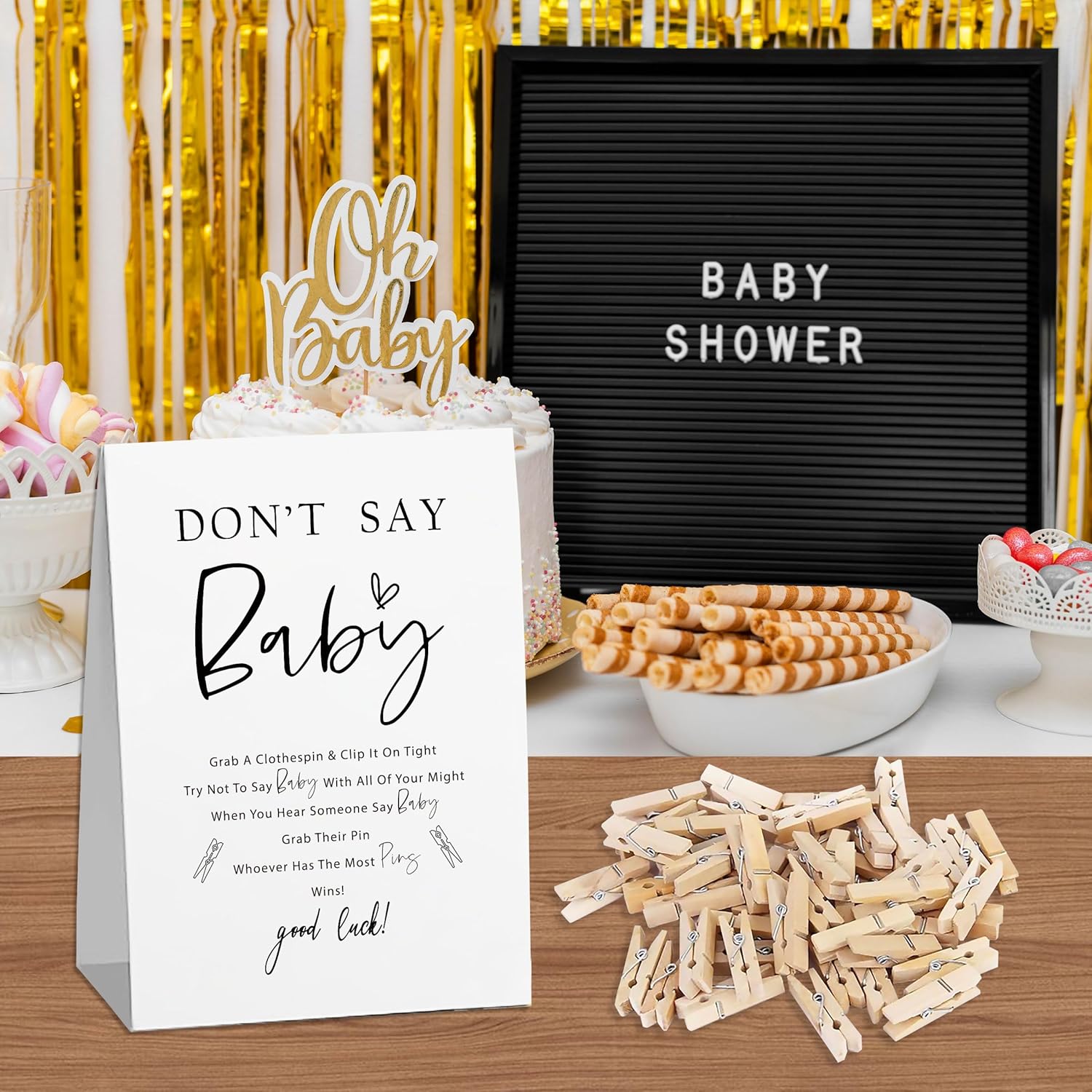 Don'T Say Baby Game Set, Don'T Say Baby Game For Baby Shower (One Sign With 50 Mini Clothespins), Minimalist Theme Baby Shower Decorations, Gender Reveal Game-Dsbb03