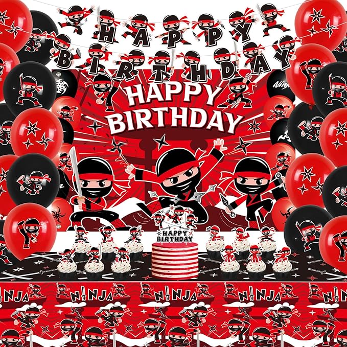 Ninja Birthday Party Decoration - Include Happy Birthday Banner, Backdrop, Cake Toppers, Tablecloth And Balloons, Ninja Warrior Master Party Supplies For Boys Girls Baby Shower Karate Party