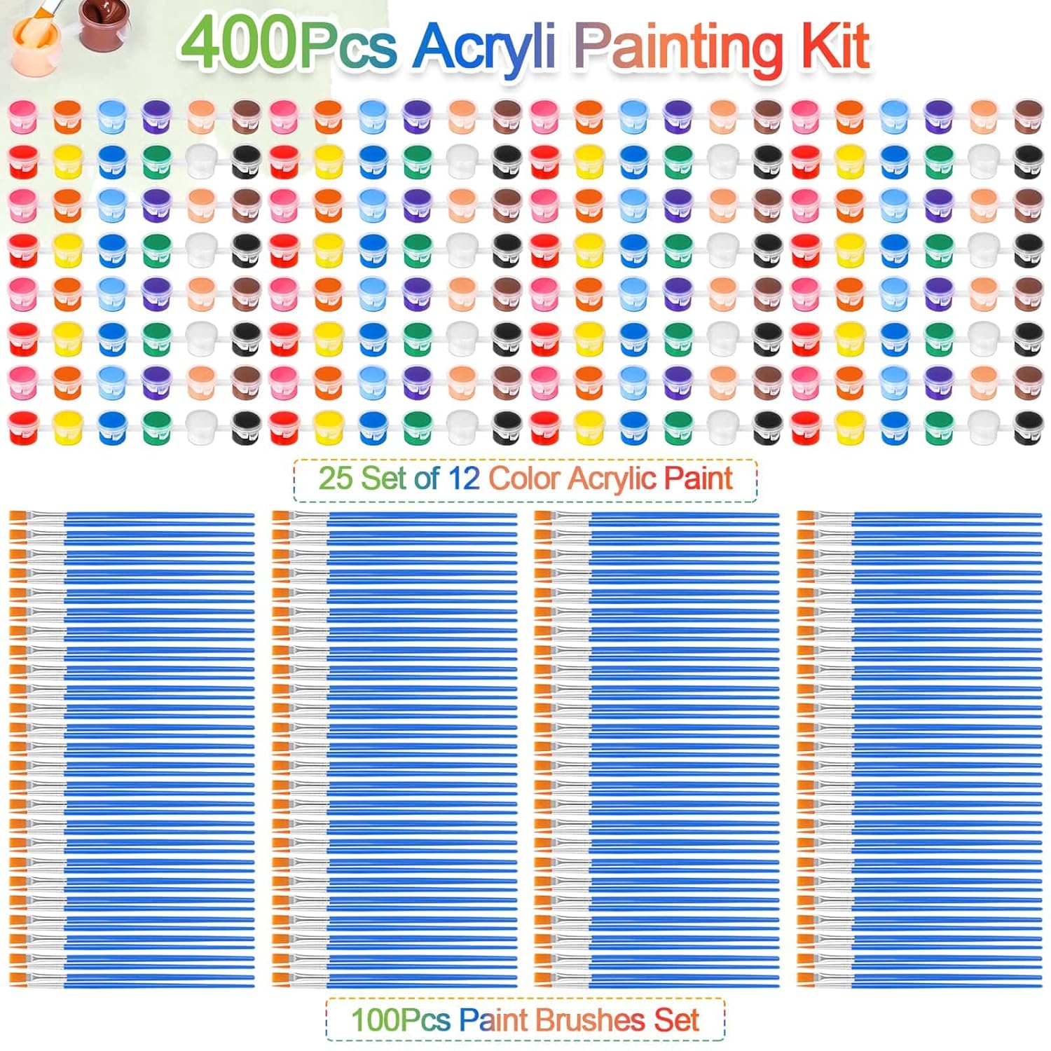 400 Pcs Mini Paint Acrylic Set For Adults, 12 Colors Acrylic Bulk Paint Kit With Paint Brushes For Canvas Clay Model Crafts Paint Party Favors Halloween Painting Supplies