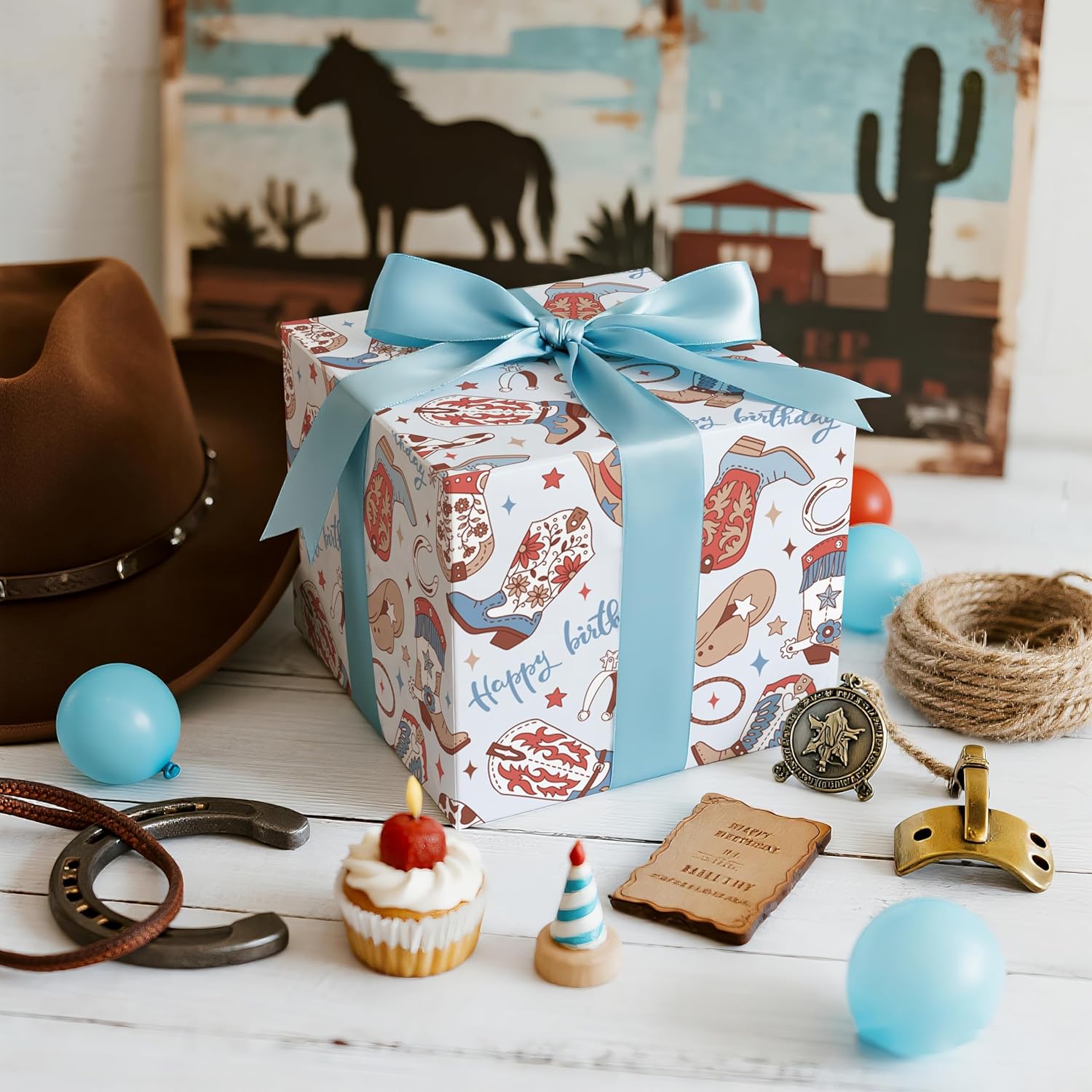 Cowboy Birthday Wrapping Paper Roll For Boys Kids Teens, Western Boots Hats Lasso Blue Design With Happy Birthday Text Gift Wrap, Mini Roll 17 In X 16.4 Feet