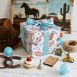 Cowboy Birthday Wrapping Paper Roll For Boys Kids Teens, Western Boots Hats Lasso Blue Design With Happy Birthday Text Gift Wrap, Mini Roll 17 In X 16.4 Feet