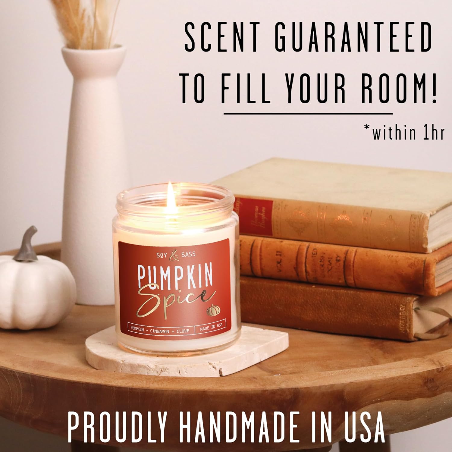 Pumpkin Spice Candle, Fall Candles - 'Pumpkin Spice' Pumpkin Candle I Infused W/Essential Oils I Autumn Scented Soy Candles For Home I Fall Home Décor I 9Oz Reusable Jar, 50Hr Burn, Made In Usa