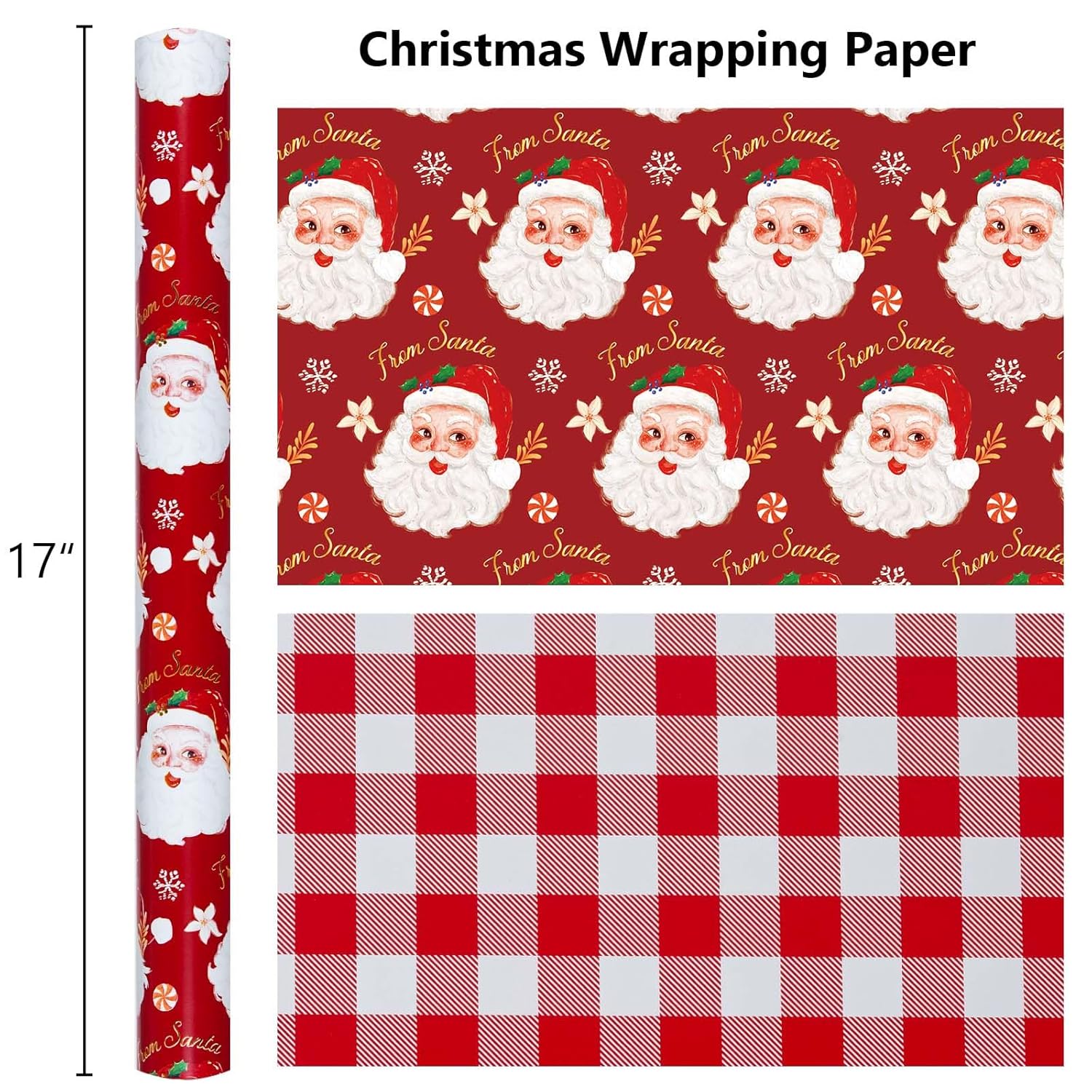 Red Christmas Wrapping Paper, Reversible Red Santa, Grid Design Gift Wrapping Paper Suitable For Christmas, Mini Roll (17 Inch X 32.8 Feet)