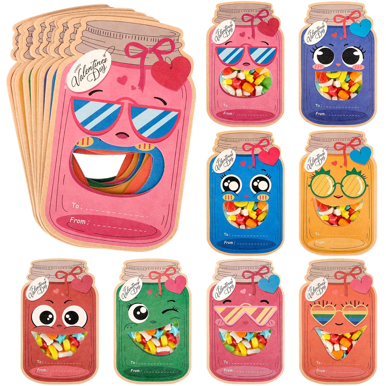 Valentines Day Cards For Kids School 48 Pack Mason Jar Valentine Day Gift Cards With Treat Bag Kids Exchange Cards For Boys Girls Classroom School Gift Party Favors (Candy Not Included)