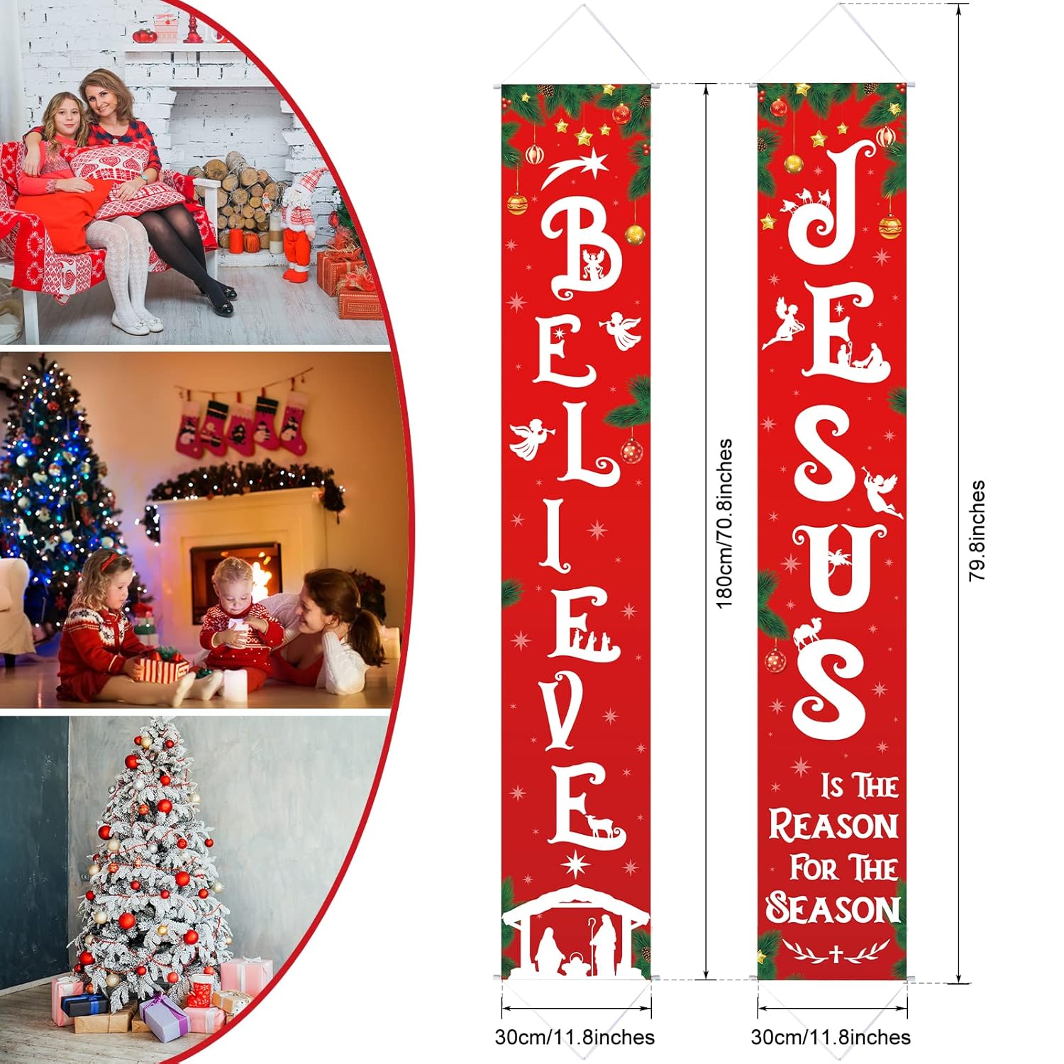 Christmas Front Porch Banners Religious Nativity Scene Sign New Year Hanging Banner Believe Jesus Is The Reason For The Season Xmas Decor For Front Door Winter Holiday Wall Decor, 12 X 71 Inch
