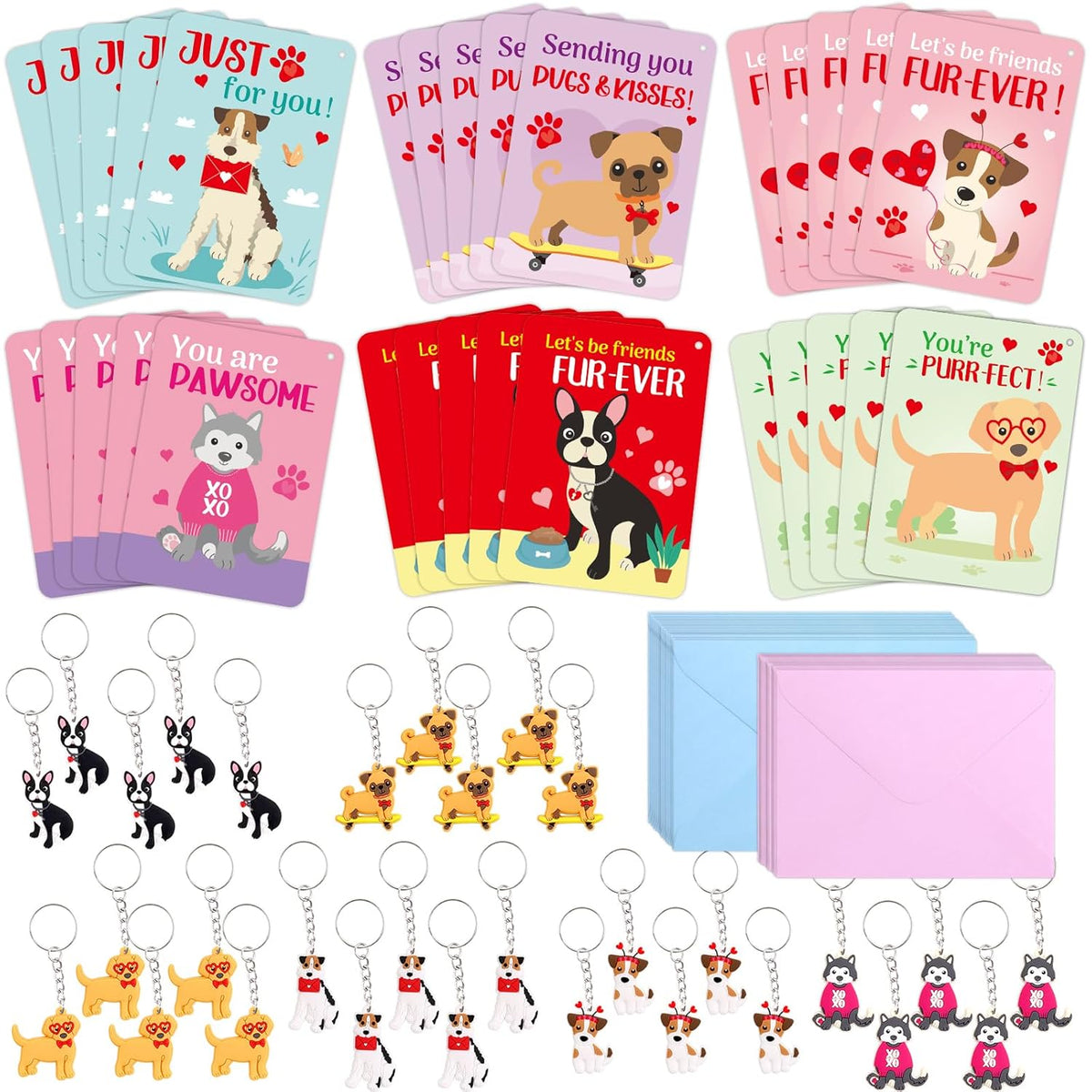 30 Pack Valentines Cards Classroom Kids Dogs Puppy Valentines Day Cards With Keychains Valentine Gift Set Exchange Boys Girls Goody Bag Favors