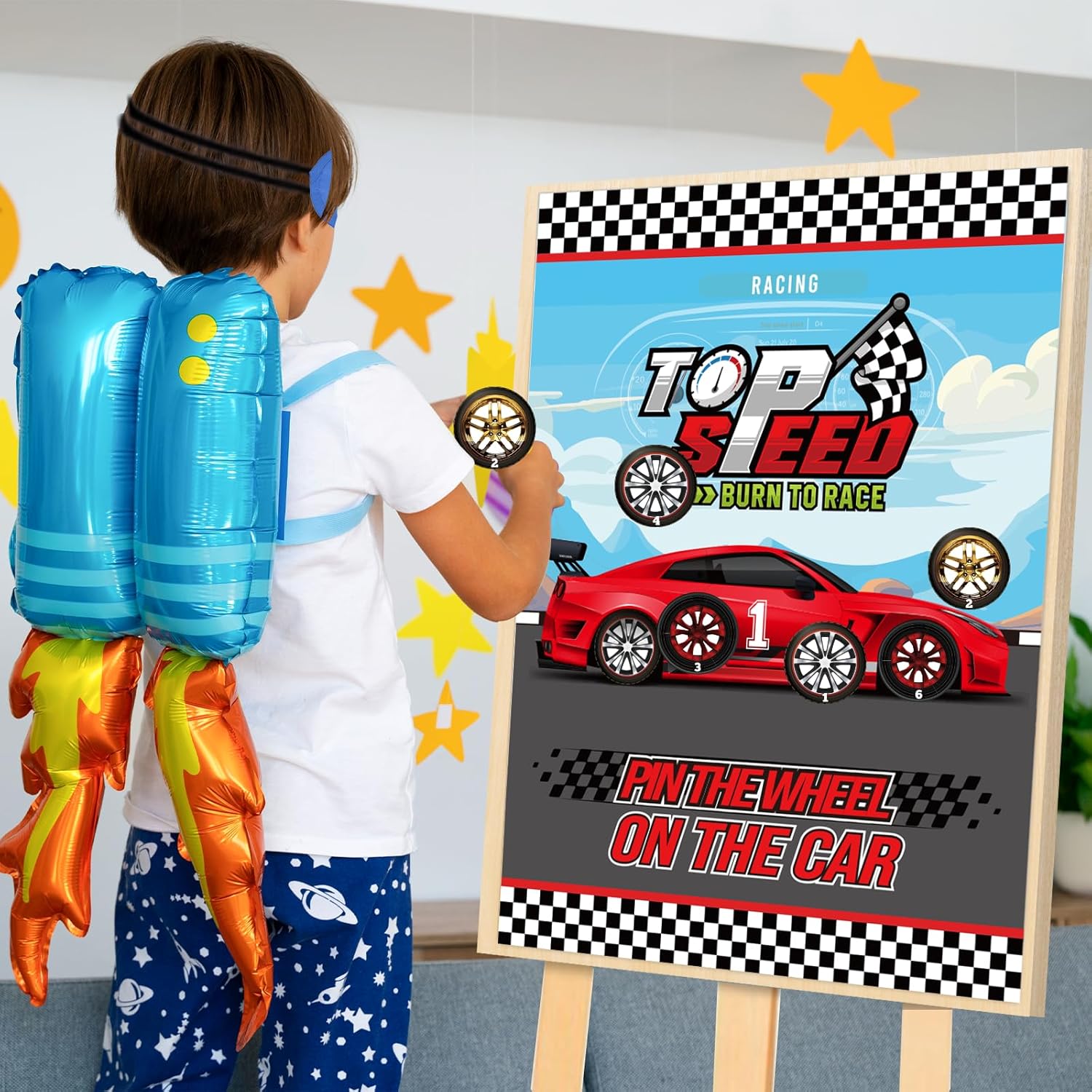 Pin The Wheels On The Car Games, Race Car Birthday Party Games With 30 Tyres Stickers, 2 Blindfolds For Car Theme Birthday Party Baby Showe Game Racing Car Party Gifts Decor