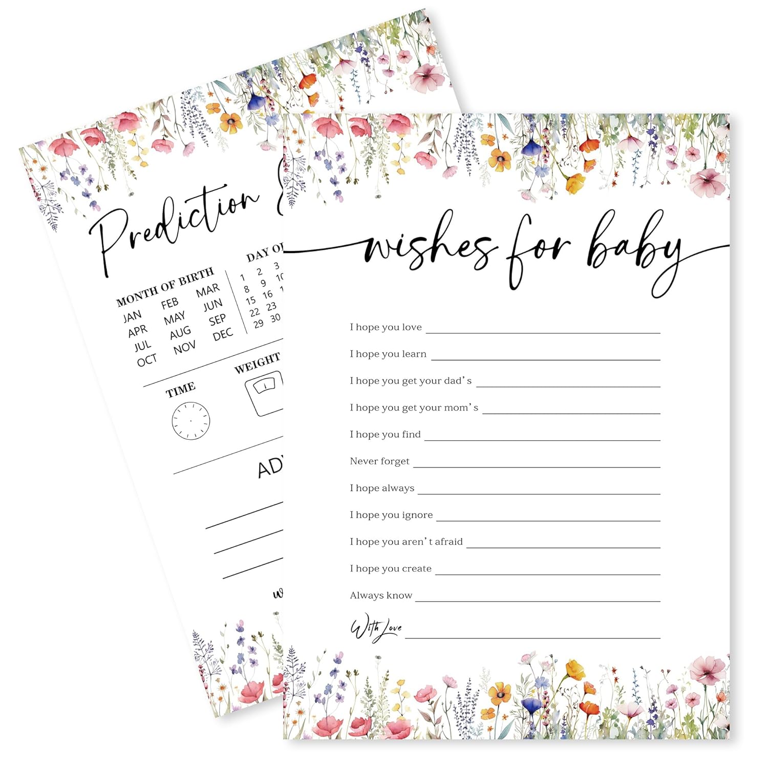 Wild Floral Baby Shower Game - Wishes For Baby,Prediction And Advice - 2 Games,30 Pcs Double Sided Theme Game Cards For Boy Girl, Gender Reveal Game, Baby Shower Favor And Decorations - A01