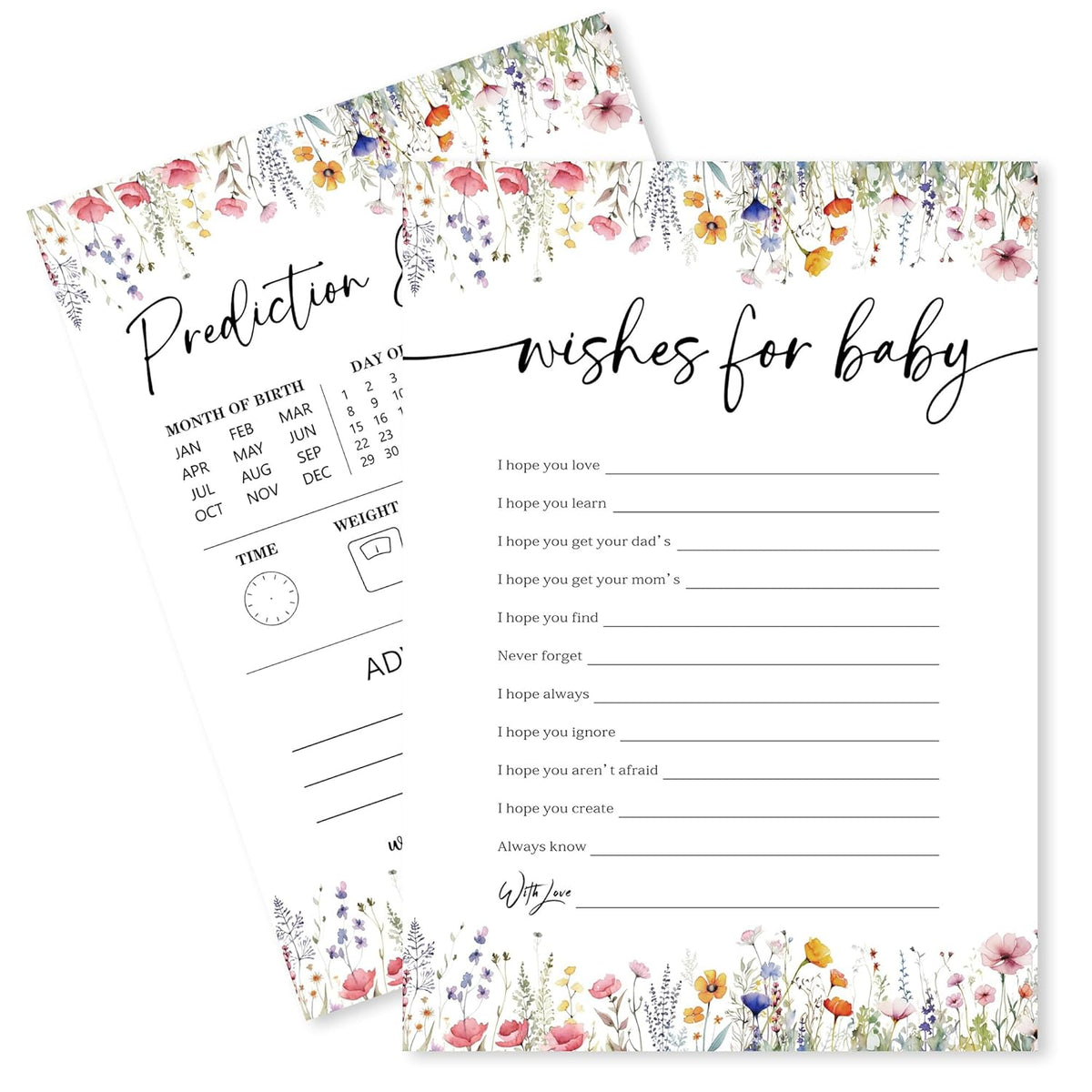 Wild Floral Baby Shower Game - Wishes For Baby,Prediction And Advice - 2 Games,30 Pcs Double Sided Theme Game Cards For Boy Girl, Gender Reveal Game, Baby Shower Favor And Decorations - A01
