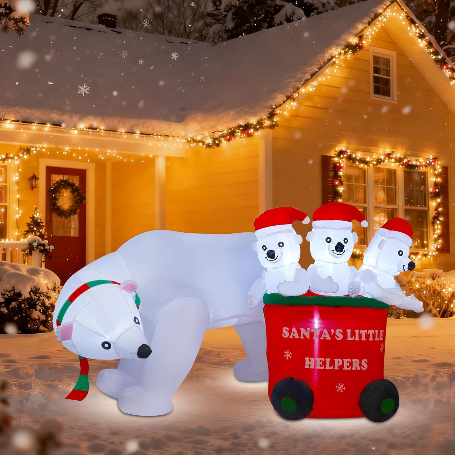 7 Ft Christmas Inflatables Polar Bear With Santa Hat, Christmas Bear Blow Up Outdoor Decorations For Lawn Garden Yard Xm