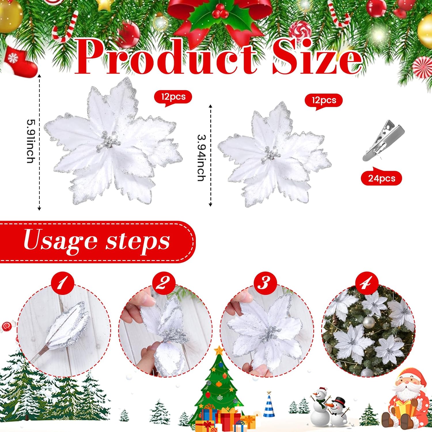 24 Pcs Christmas Glitter Poinsettia Flowers Decorations 5.91 Inch 3.94 Inch Artificial Velvet Poinsettia With Clips, Poinsettia Christmas Tree Ornaments For Xmas Party Decor(White)