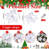 24 Pcs Christmas Glitter Poinsettia Flowers Decorations 5.91 Inch 3.94 Inch Artificial Velvet Poinsettia With Clips, Poinsettia Christmas Tree Ornaments For Xmas Party Decor(White)