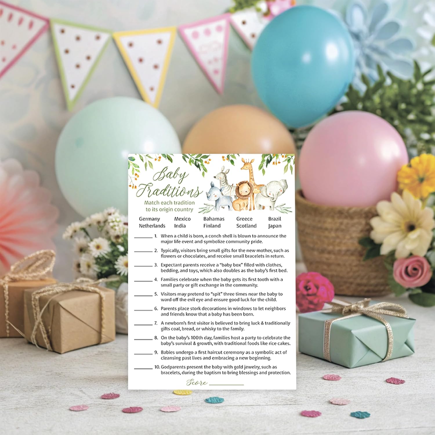 Safari Animals Baby Shower Games — Baby Traditions Around The World Game — Pack Of 25, Country Jungle Theme Shower Games, Welcome To The Wild Gender Neutral, Fun Facts Baby Shower Activity G550-Btw