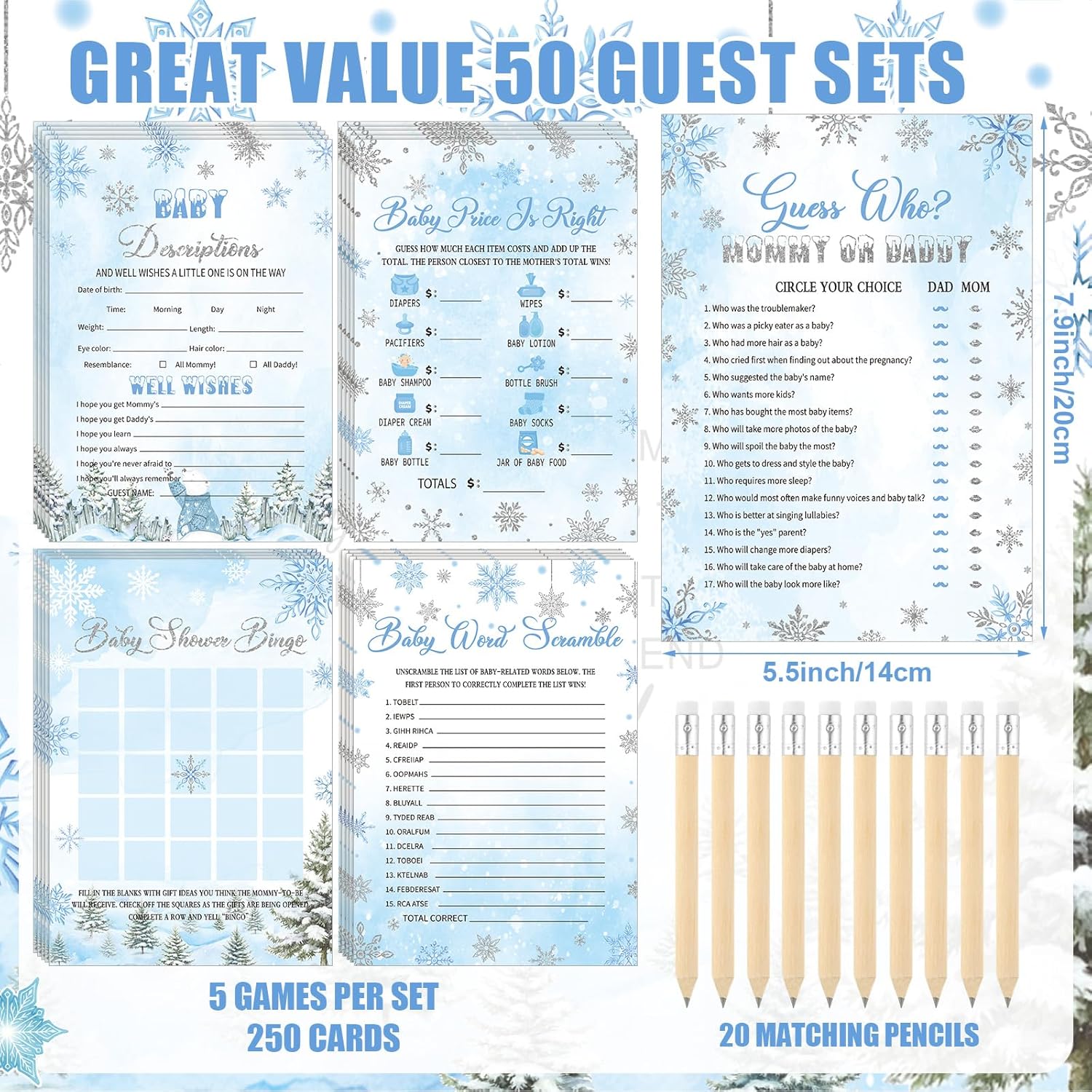 321 Pcs Blue Snowflake Baby Shower Game Supply For Girl Or Boy 5 Set Include 50 Activity Card 20 Pencil 1 Don'T Say Baby Sign 50 Clothespin For Price Is Right Prediction Bingo Game Party Decor