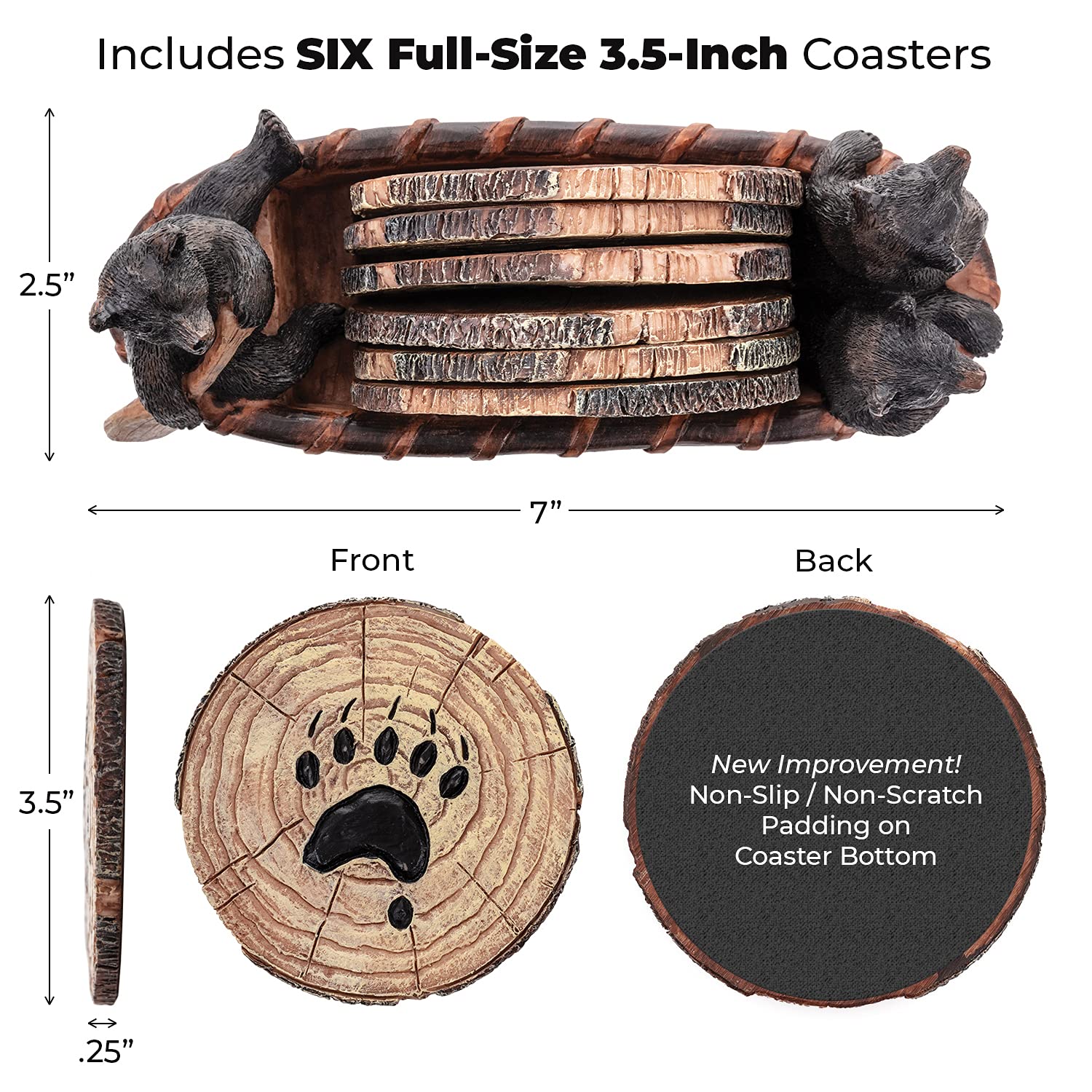 Bear Coasters Set Of 6 Full Size Rustic Coasters In Handmade Canoe With Adorable Black Bear Figurines | Black Bear Log Cabin Decorations, Rustic Lodge Decor For The Home