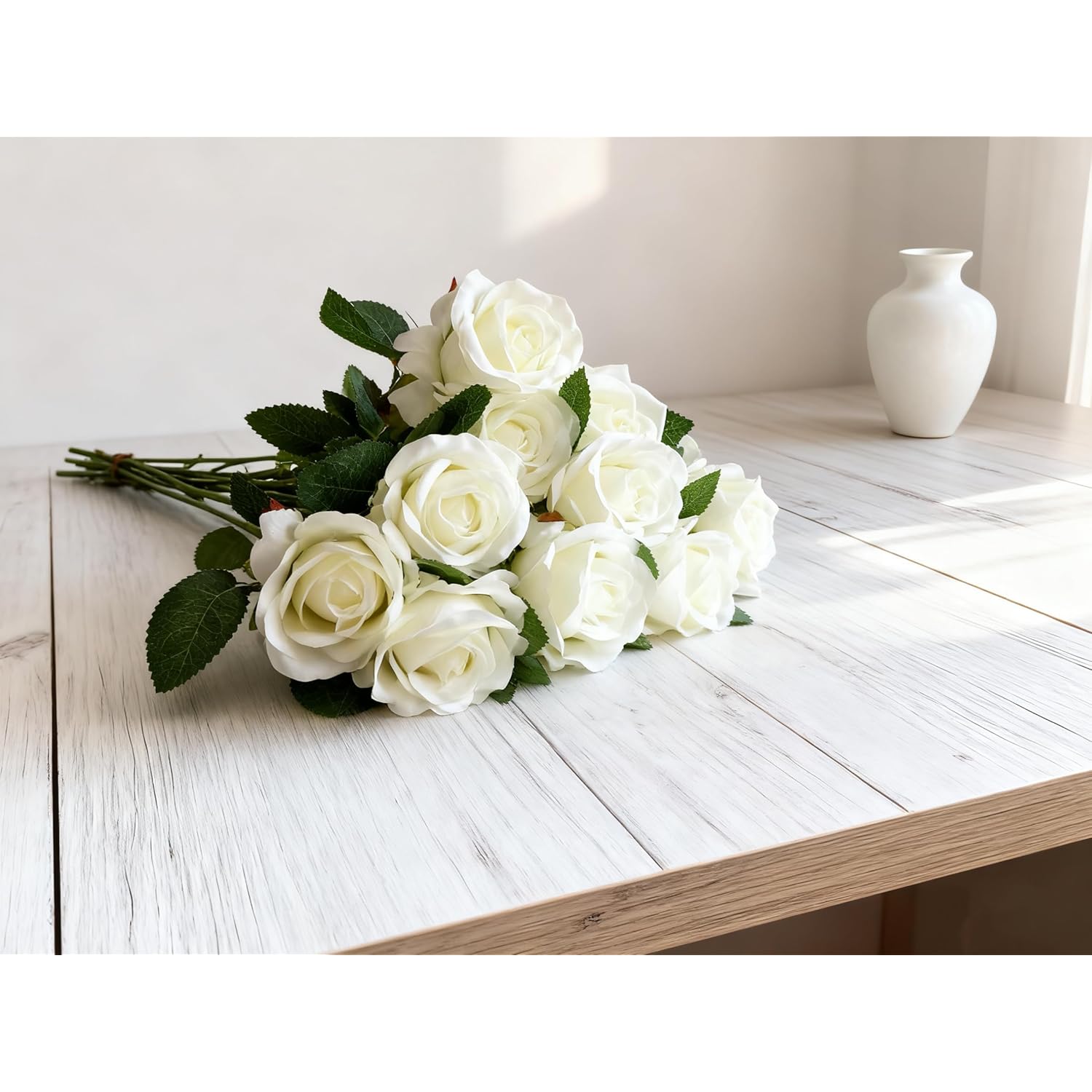 12Pcs 20’’Artificial Flowers Fake Roses, Long Stem Red Roses Bouquet For Decorating Parties Home Decor Party Valentines And Weddings (12Pcs White)