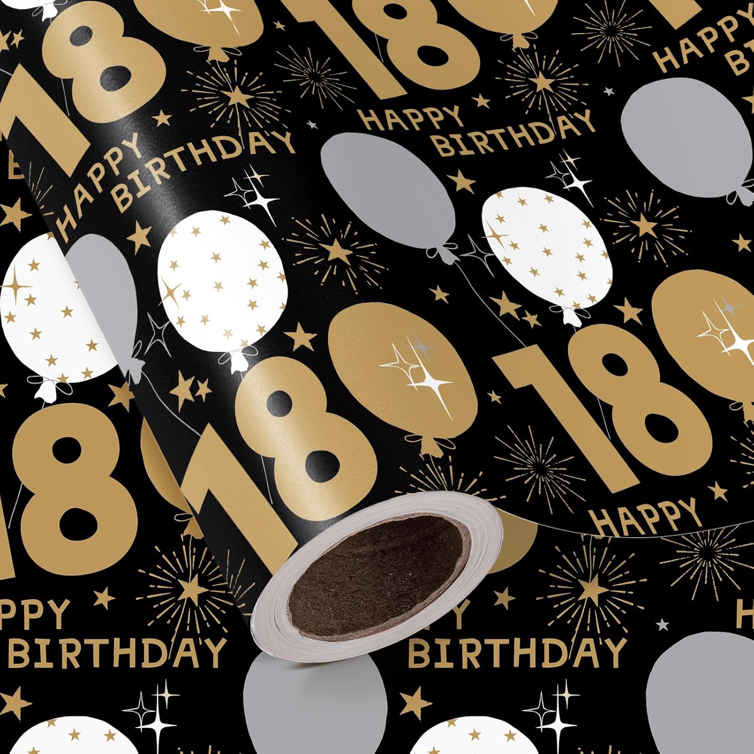 18Th Birthday Wrapping Paper Roll - Mini Roll - 17 Inch X 16.5 Feet - Black Gold Balloon 18 Happy Birthday Wrapping Paper For Boys Girls Teenager