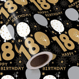 18Th Birthday Wrapping Paper Roll - Mini Roll - 17 Inch X 16.5 Feet - Black Gold Balloon 18 Happy Birthday Wrapping Paper For Boys Girls Teenager