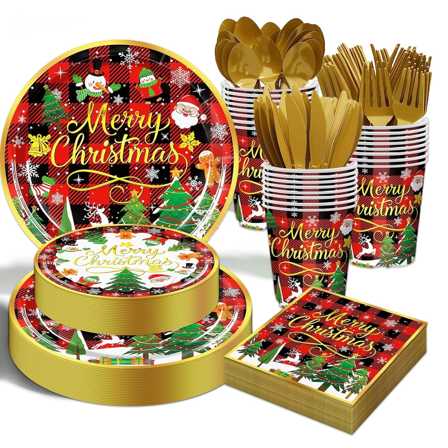 Christmas Party Decorations Supplies - 175 Pcs Merry Christmas Red Plaid Disposable Dinnerware Set Xmas Paper Plates And Napkins Sets With Cups Fork Knive Spoon For Holiday Party Supplies, Serve 25
