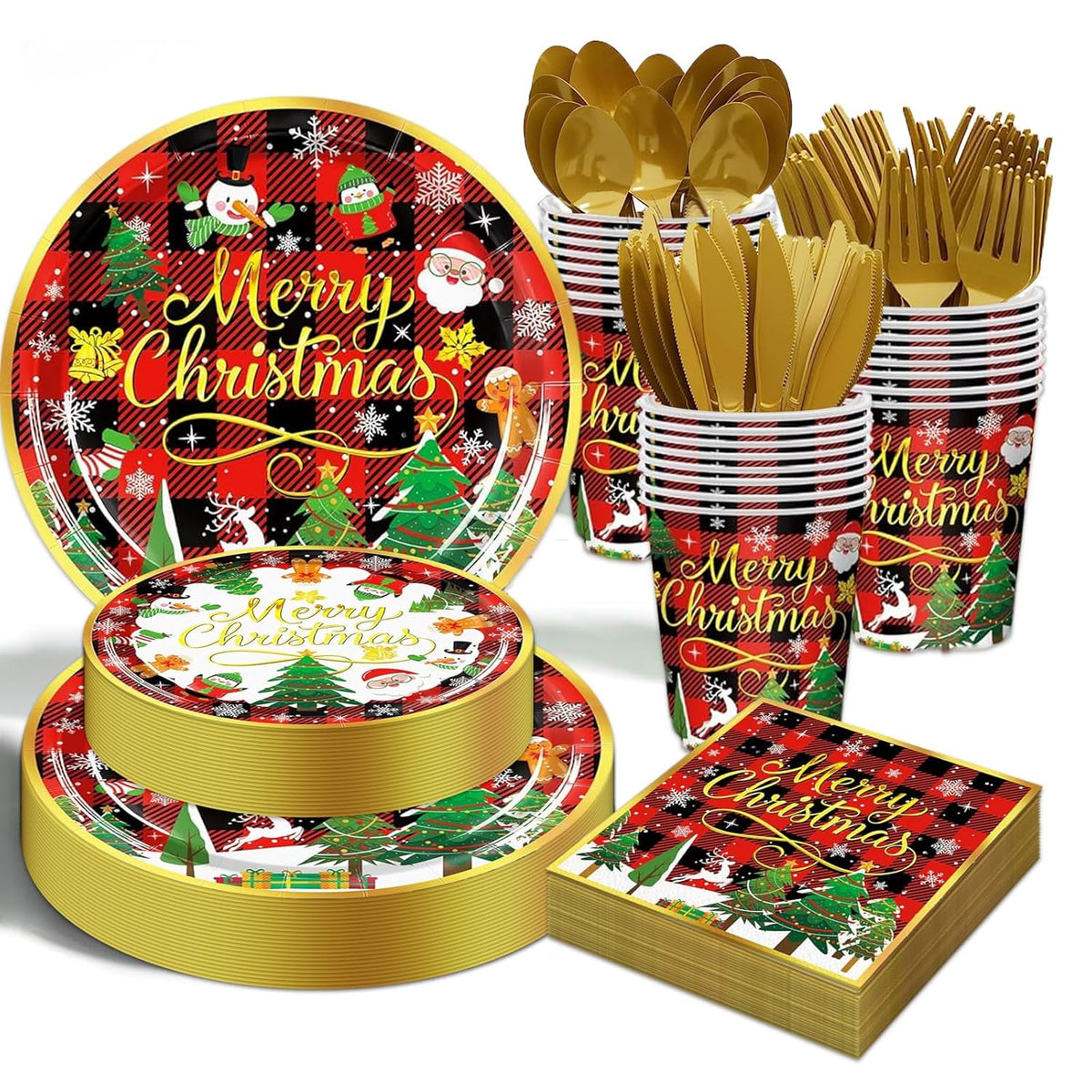 Christmas Party Decorations Supplies - 175 Pcs Merry Christmas Red Plaid Disposable Dinnerware Set Xmas Paper Plates And Napkins Sets With Cups Fork Knive Spoon For Holiday Party Supplies, Serve 25