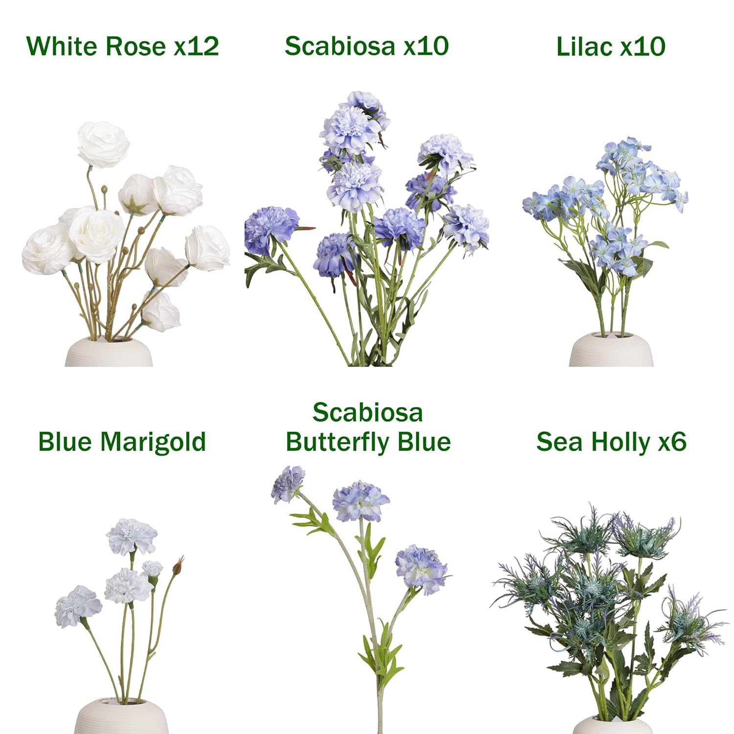Blue And White Artificial Flowers Arrangement, Lifelike Faux Silk Roses & Scabiosa Bouquet Centerpiece For Home, Coastal Farmhouse Decor & Wedding