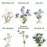 Blue And White Artificial Flowers Arrangement, Lifelike Faux Silk Roses & Scabiosa Bouquet Centerpiece For Home, Coastal Farmhouse Decor & Wedding