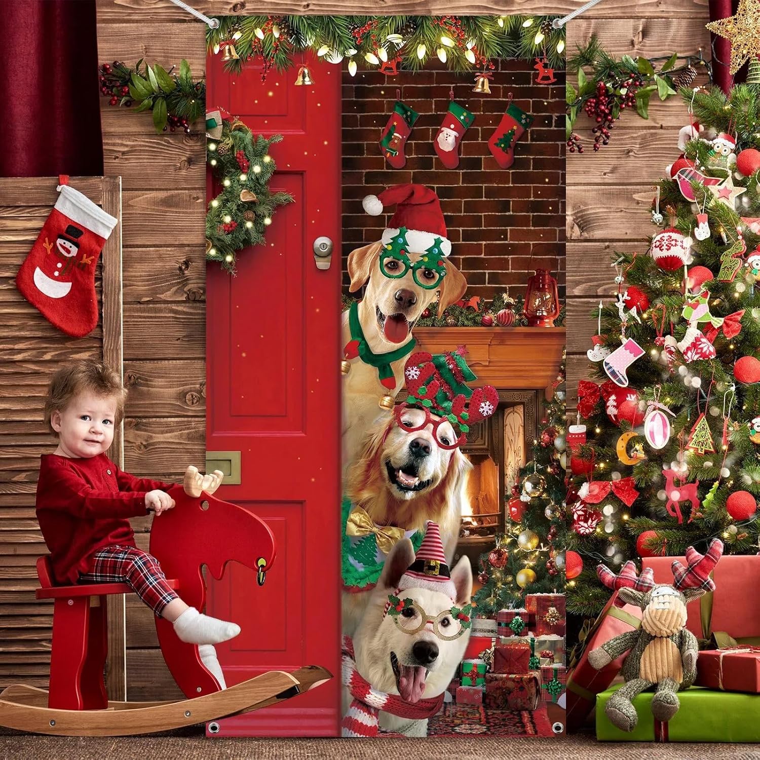 Christmas Door Cover Decoration Funny Merry Christmas Door Cover Backdrop Cute Santa Dog Background For Xmas Holidays New Year Party Winter Decoration 70 X 35 Inch