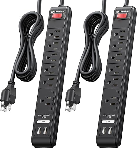 2 Pack 6 Outlet Surge Protector Power Strip with USB Ports 8FT Extension Cord Black