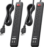 2 Pack 6 Outlet Surge Protector Power Strip with USB Ports 8FT Extension Cord Black