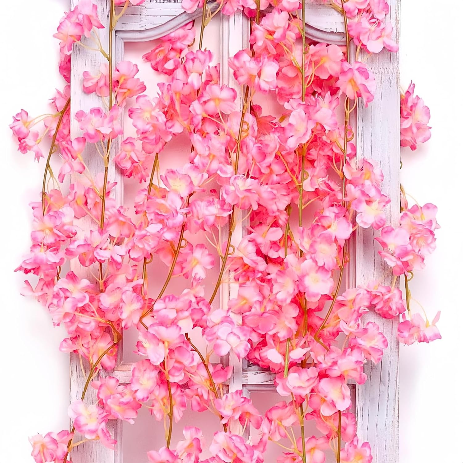 2Packs Artificial Cherry Blossom Flower Vines Pink Artificial Flower Garland Vines Silk Hanging Sakura Garland For Wedding Garden Arch Wall Home Party Japanese Kawaii Decor (Deep Pink)