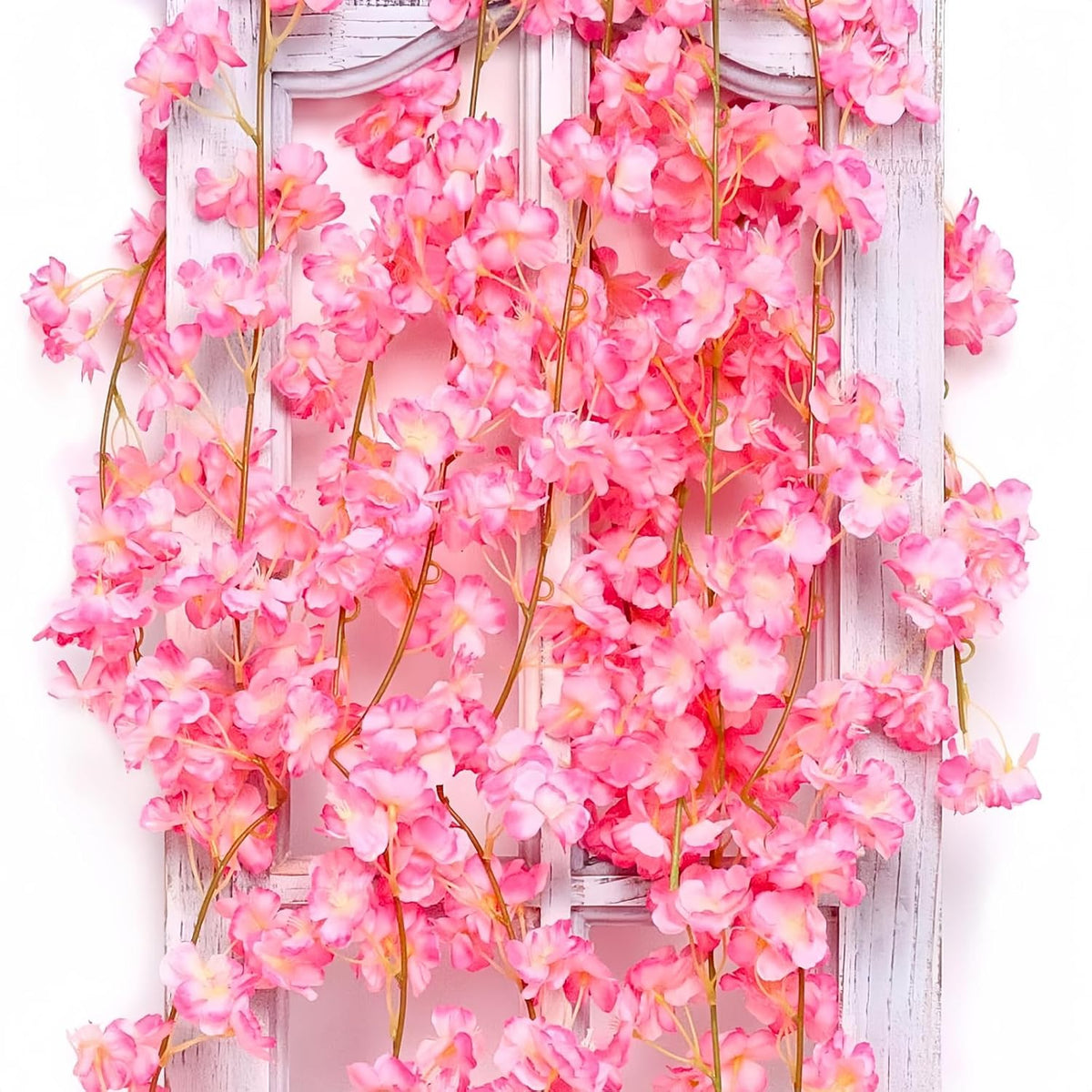 2Packs Artificial Cherry Blossom Flower Vines Pink Artificial Flower Garland Vines Silk Hanging Sakura Garland For Wedding Garden Arch Wall Home Party Japanese Kawaii Decor (Deep Pink)