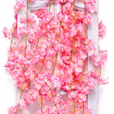 2Packs Artificial Cherry Blossom Flower Vines Pink Artificial Flower Garland Vines Silk Hanging Sakura Garland For Wedding Garden Arch Wall Home Party Japanese Kawaii Decor (Deep Pink)