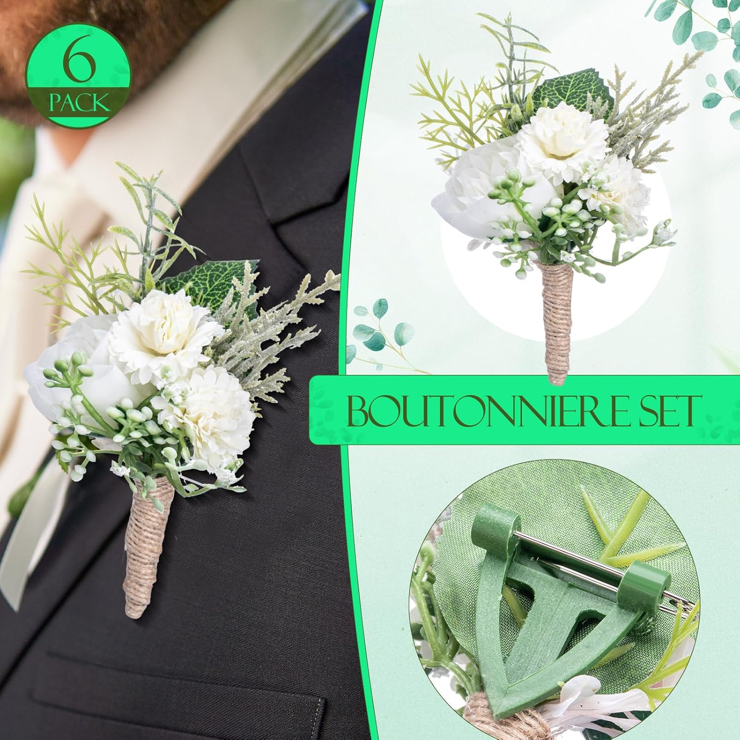 12 Pcs Wedding Corsage And Boutonniere Set Artificial Rose Wedding Corsage Wristband With Pins For Prom Men Bride Party Accessories Groom Groomsmen Bridesmaids Women (Retro,White)