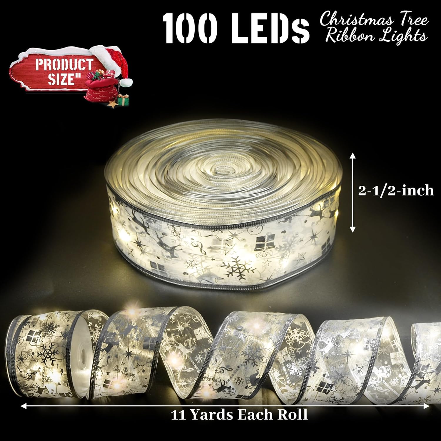 Christmas Ribbon Lights, 33Ft 100 Led Tree Decorations With Remote, Battery & Usb Powered, 8 Modes, Timer, 2.5 Inch Doub