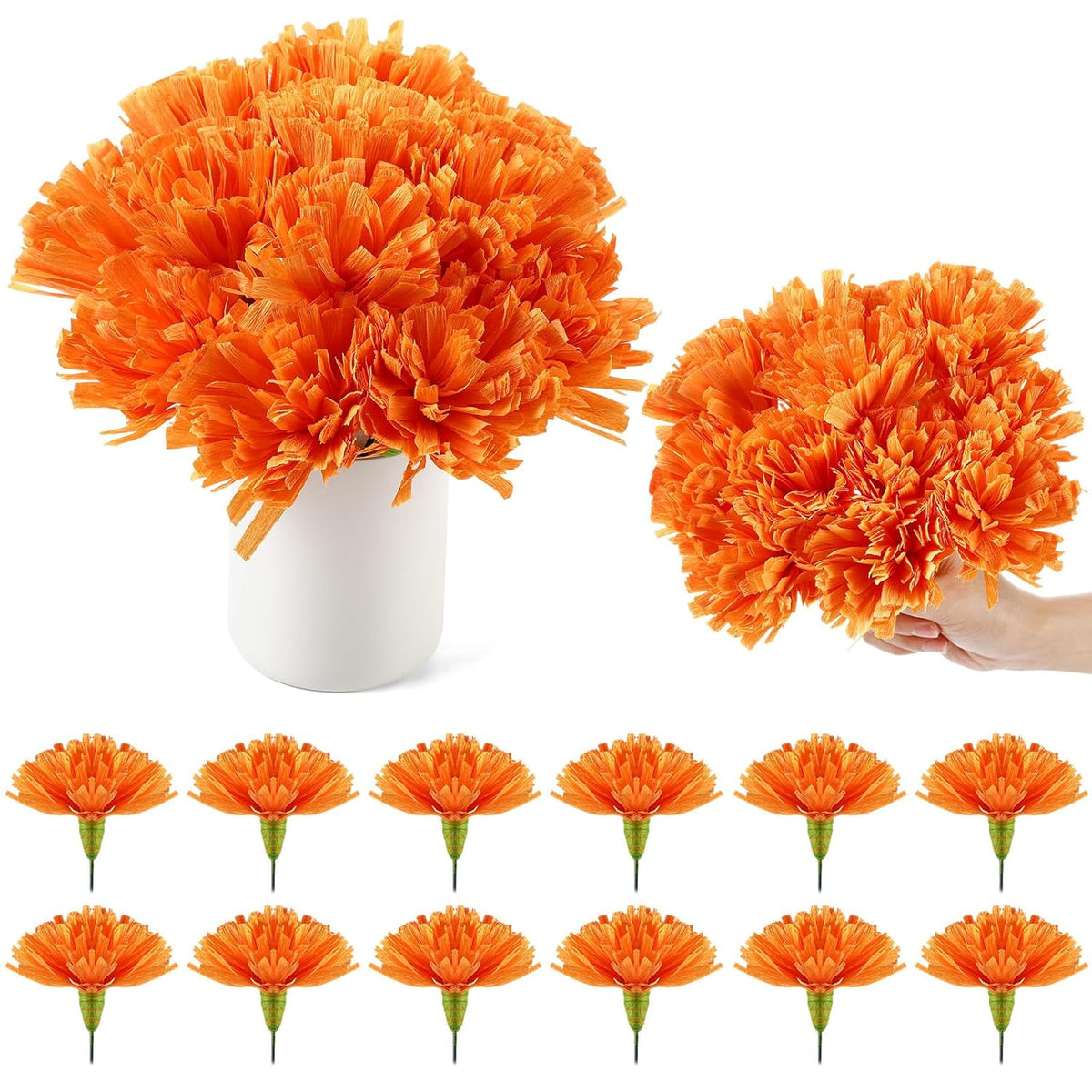 12 Pcs Artificial Marigold Flowers With Stems Mexican Orange Crepe Paper Flowers Centerpieces For Day Of The Dead Halloween Diwali Mexican Fiesta Party Decor