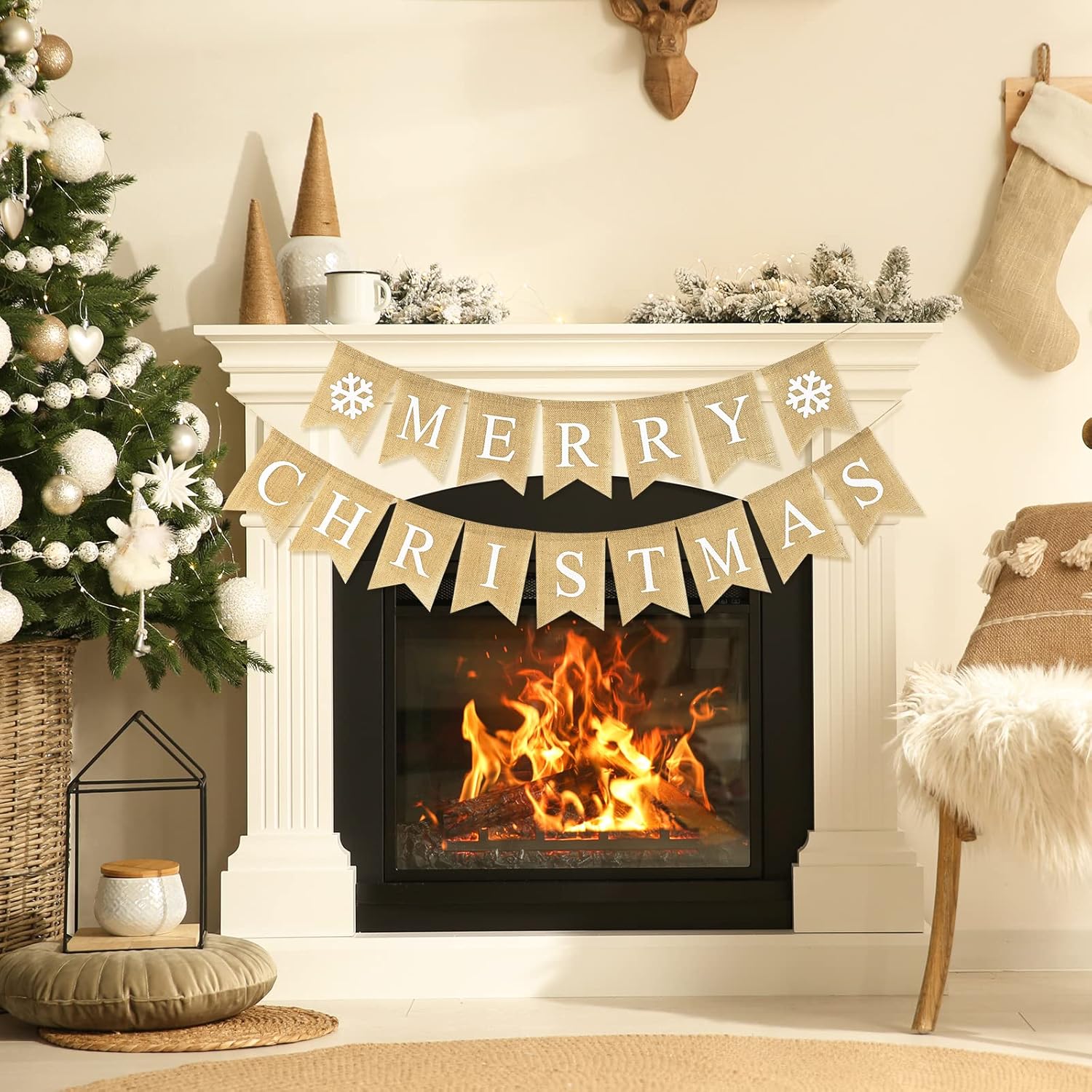 Merry Christmas Burlap Banner Christmas Snowflake Pre-Assembled Bunting Garland Xmas Tree Decor For Fireplace Wall Indoor Outdoor Xmas Party Decoration Photo Prop